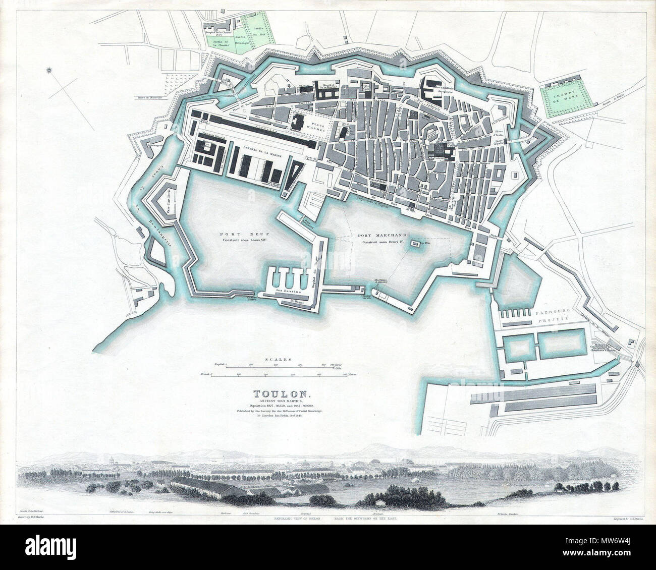 . Stadt Plan von Toulon, Frankreich. Englisch: Diese Karte ist eine Stahlplatte Gravur, dating bis 1840 und durch die S.D.U.K. veröffentlicht" oder "Die Gesellschaft für die Verbreitung von Kenntnissen". Es stellt die südfranzösische Stadt Toulon, an der Französischen Riviera zwischen Marseille & San Tropez. . 1840 7 1840 S.D.U.K. Karte bzw. Stadtplan von Toulon, Frankreich - Geographicus - Tulon - SDUK-1840 Stockfoto