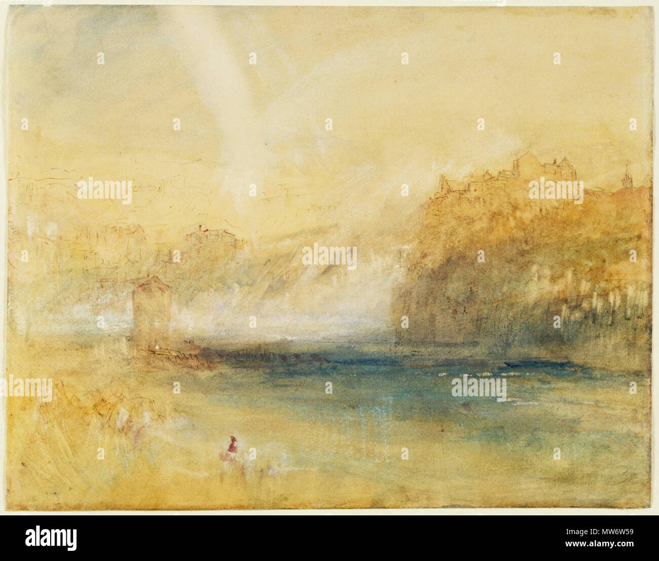 . Englisch: Joseph Mallord William Turner, Großbritannien, 1775 - 1851 Rheinfall von Schaffhausen, Ca. 1841 Aquarell mit weißer Kreide über Graphit mit einem Hauch von Pen und rötlich braun Tinte erhöhte und Schaben auf weißem Papier mit grauen webten Waschen 22,6 x 28,8 cm vorbereitet. (8 7/8x11 5/16 in.) Museum kaufen, Geschenk von Frau Millard Meiss und Surdna Fonds x 1982-48. ca. 1841 7 1841, Turner, J. M.W., Rheinfall Schaffhausen Stockfoto