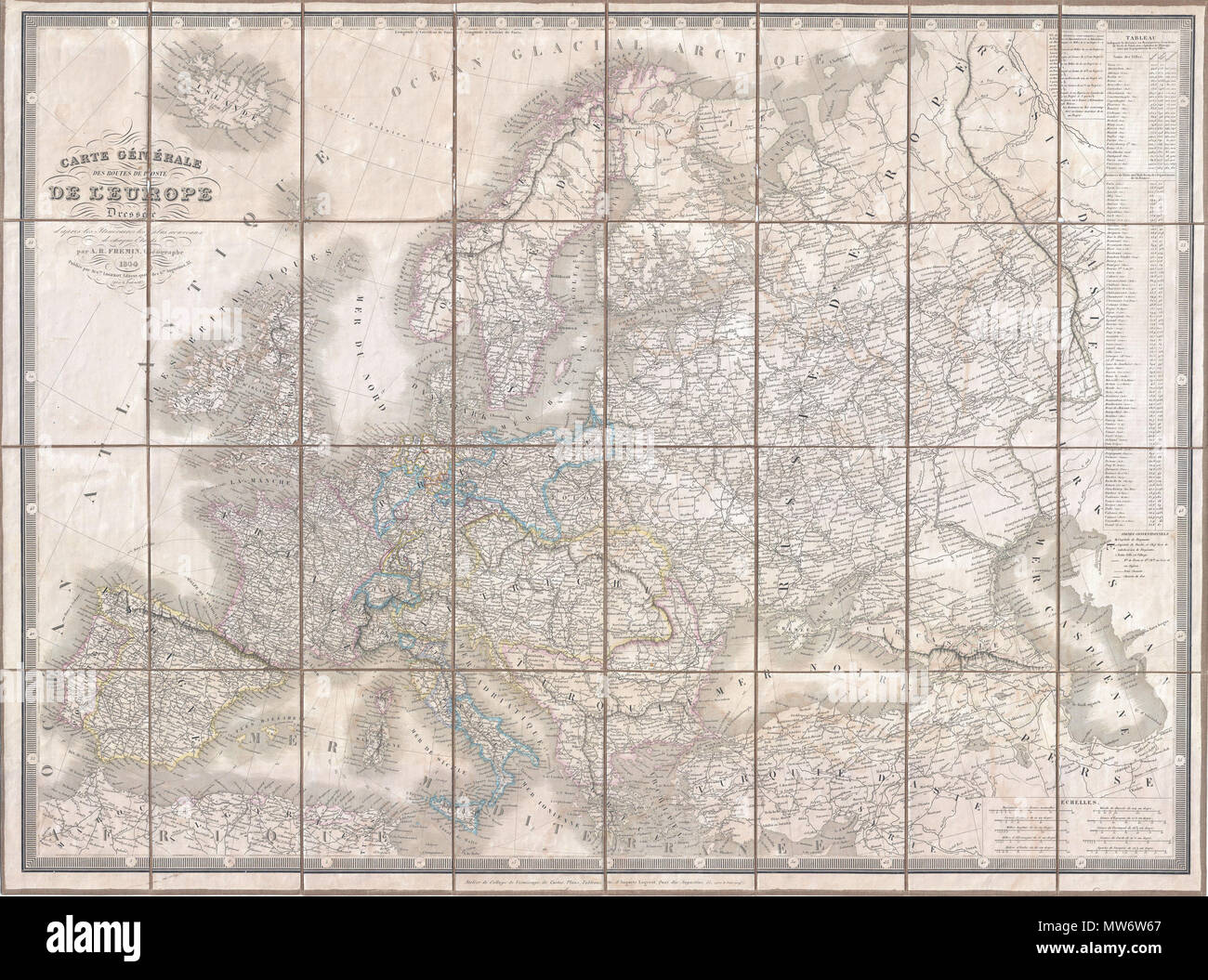 . Carte Generale des Routes de Poste de L'Europe Dressee d'Apres les Itineraires les plus Nouveaux de chaque Etats. Englisch: Eine äußerst knappe 1844 Post Karte von Europa in der Hülle oder Tasche Format durch die französische Karte Logerot Verleger A. und A.R.Fremin. Details ganz Europa, Tausende von Gemeinden, Städten und Dörfern sowie die Straßen, die Sie verbinden. Zeigt den Kilometerstand für jeden Abschnitt der Straße - ein fast unverständlich Meisterstück dieser Karte angesichts der enormen Bereich abdeckt. Mit Island und zeigt Schifffahrtswege. Länder in verschiedenen Pastelltönen. Tastatur Stil borde Stockfoto