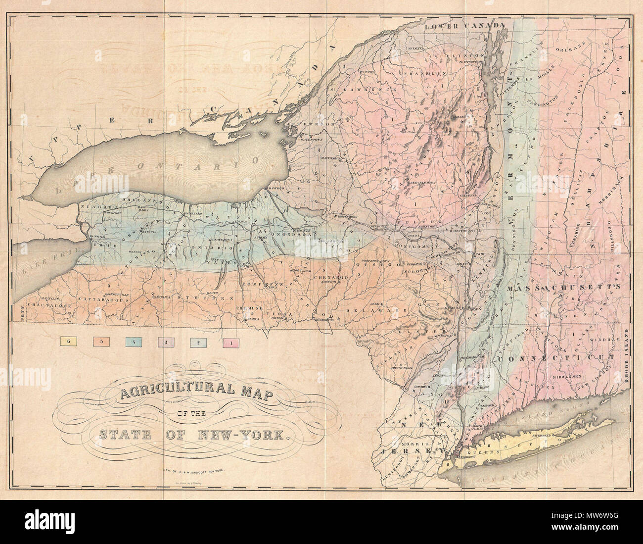 . Landwirtschaftliche Karte des Staates New York. Englisch: Das ist ein selten gesehenes 1846 thematische von New York von E.Emmons und G. und W. Endicott. Teilt der Staat New York, sowie die benachbarten Staaten Connecticut, Massachusetts, New Hampshire und Vermont, in sechs unterschiedlichen landwirtschaftlichen Zonen. Interessant ist, dass bereits zu diesem frühen Zeitpunkt Emmons identifiziert die Adirondacks als unabhängige landwirtschaftliche Zone klar definierbaren aus anderen nahe gelegenen Bergregionen. 1846, bebilderte Band eine von E.Emmons Landwirtschaft über New York veröffentlicht. . 1846 (undatiert) 7 1846 Emmons z.b Stockfoto