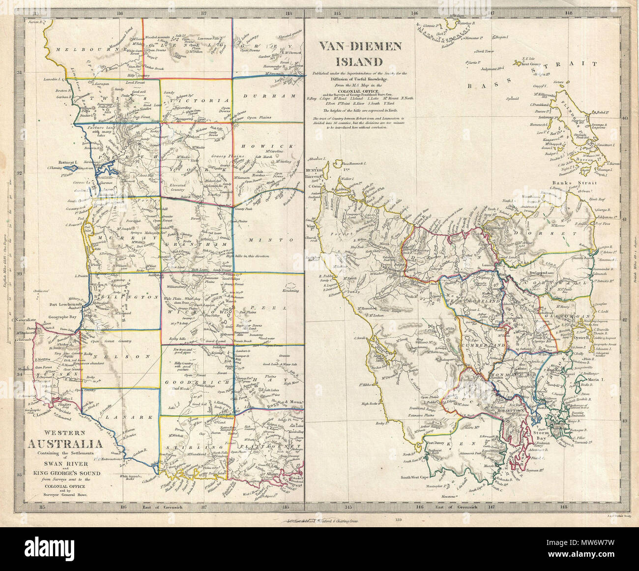 . Van Diemen Insel. Western Australia mit den Siedlungen der Swan River und King George's Sound aus Erhebungen zu den kolonialen Büro geschickt. Englisch: Dies ist der C. 1849 Edward Stanford Ausgabe der Gesellschaft für die Verbreitung der historischen Karte Nützliches Wissen von Westaustralien und Tasmanien oder Van Diemen's Land. Im Wesentlichen zwei Karten auf einem Blatt. Die linke Karte Details western Australia von Melbourne nach Süden um Sussex zu Stirling und Plantagenet. Anmerkungen zahlreiche Grafschaften, Fahrbahnen, geografische Besonderheiten und vieles mehr. Die rechte Karte ist eine große Detail der Van Diemen's Island oder Tas Stockfoto