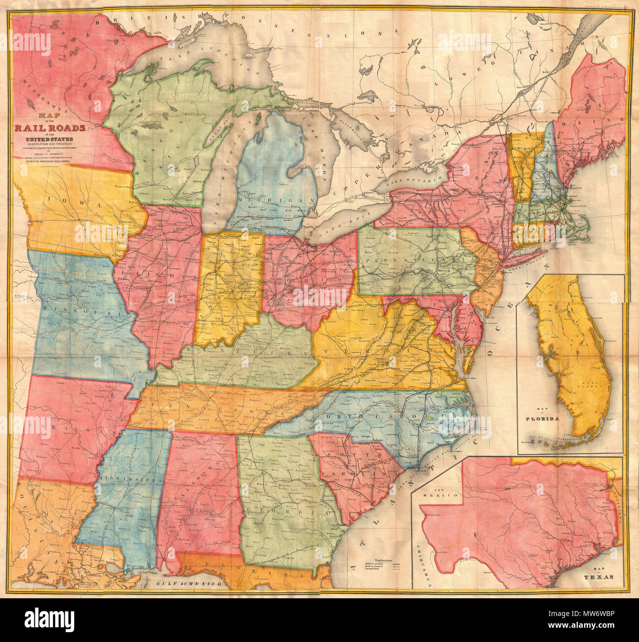 . Karte der Eisenbahnen in den Vereinigten Staaten in Betrieb und Fortschritt ein Bericht der Abteilung Treasury zu begleiten durch Israel D. Andrews. Englisch: eine seltene und attraktive Wand große Eisenbahn Karte der Vereinigten Staaten im Jahr 1852 für Israel de Wolf Andrew's Bericht für die Treasury Abteilung ausgestellt. Zeigt von den Great Lakes im Süden an den Golf von Mexiko und von den Zuständen von Iowa, Missouri, Arkansas und Louisiana ostwärts bis in den Atlantik. Kartenausschnitte Fokus auf Florida und Texas. Bietet herausragende Details des amerikanischen Eisenbahnnetzes, sowohl bestehende und vorgeschlagene, an einem kritischen Punkt in der US-amerikanischen histo Stockfoto