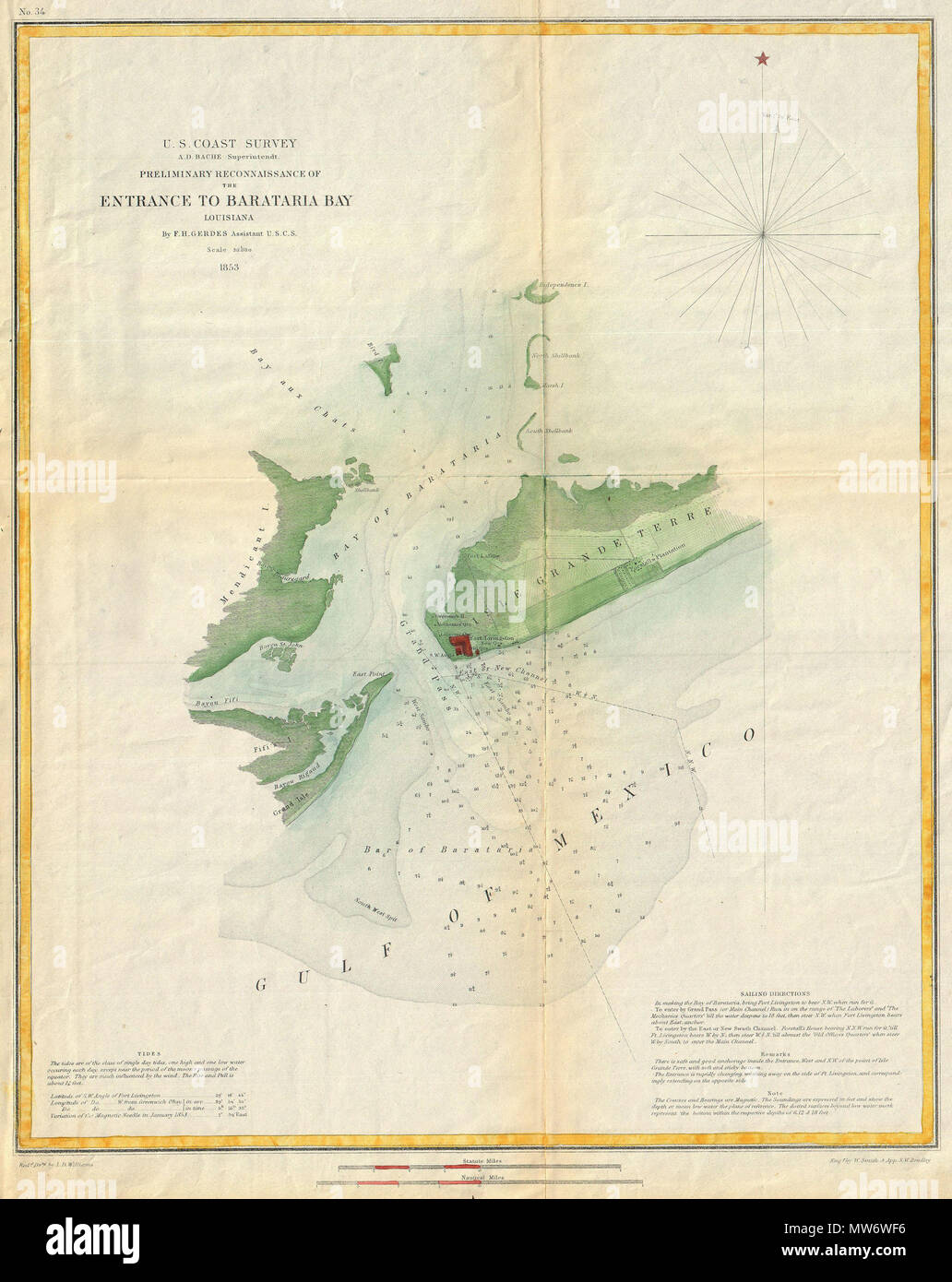 . Vorläufige Aufklärung der Eintritt in Barataria Bay, Louisiana. Deutsch: Dies ist ein attraktives 1853 U.S. Coast Survey Chart oder nautische Karte oder Barataria Bay, Louisiana. Abdeckungen von Grand Isle und Bayou Rigaud ostwärts Vergangenheit Fort Livingston und Forstall der Plantage. Erstreckt sich nach Norden Vergangenheit Bettelmönch Insel die Unabhängigkeit der Insel und die Bucht aux Chats. Enthalten sind Hinweise auf die Gezeiten in der unteren linken Quadranten und segelanweisungen in der unteren rechten. Barataria Bay, südlich von New Orleans, ist Teil der Reihe von Sümpfen, Schächte und Kanäle, die den Mississippi River Delta. In Stockfoto