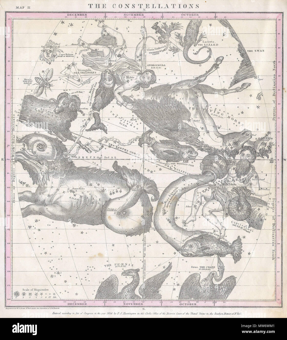 . Die Konstellationen (Dezember November Oktober). Englisch: Diese seltene Hand farbigen Karte der Sterne war graviert W. G. Evans von New York für Burritt's Edition 1856 der Atlas die Geographie der Himmel zu illustrieren. Es stellt den Nördlichen Nachthimmel in den Monaten Oktober, November und Dezember. Sternbilder sind detailliert gezeichnet und gehören Darstellungen der Tierkreiszeichen Zahlen sind die Sterne sagte zu vertreten. Inbegriffen in diesem Diagramm sind Wassermann (der Wasserträger), Aries (Widder), Fische (der Fisch), Steinbock (das Meer Ziege) und Cetus (Wal). Tabelle wird durch Linien anzuzeigen, geviertelt Stockfoto