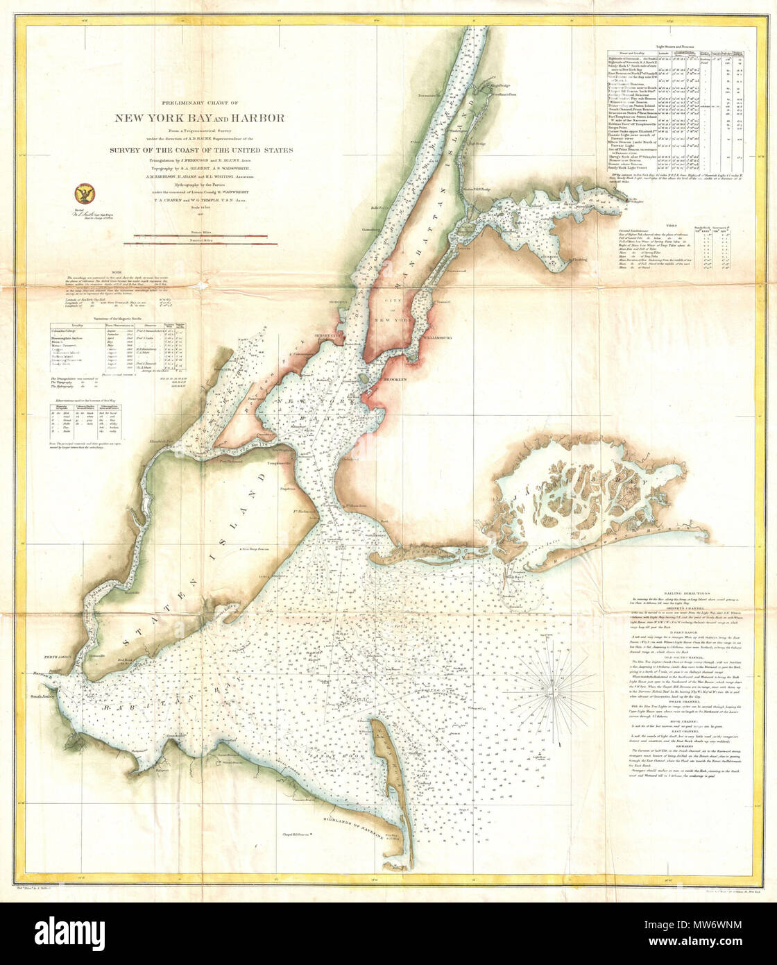 . Vorläufige Diagramm der New York Bay und den Hafen. Englisch: eine seltene 1857 Diagramm an der Küste von New York City, Hafen, und Umgebung. Einer der ersten des 19. Jahrhunderts Karren zu zeigt New York City wie wir sie heute kennen, einschließlich Manhattan, Queens, Brooklyn, die Bronx und Staten Island. Auch Jersey City, Newark und Hoboken. Dies ist einer der ältesten Staaten in der Entwicklung dieses speziellen Chart-Serie. Im Land der Details, die in späteren Plänen entwickelt werden, sind hier fast völlig abwesend. Diese Tabelle enthält eine Fülle von praktischen Informationen für das Mariner aus ozeanischen Tiefen, Hafen Stockfoto
