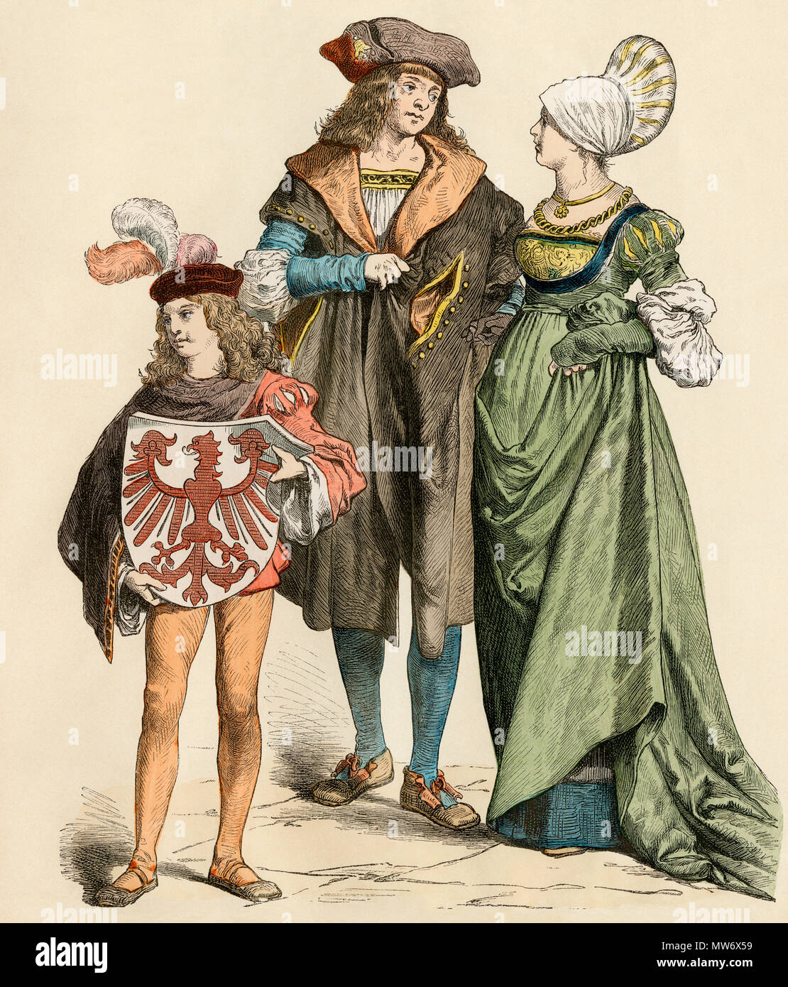 Wohlhabende Mittelschicht städtischen Deutschen, oder Bürger, 1500. Hand-farbig drucken Stockfoto