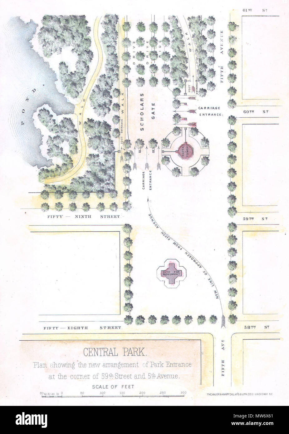 . Central Park. Die neue Anordnung der Park Eingang an der Ecke 59th und 5th Avenue. Englisch: Eine ungewöhnliche kleine Karte von der südöstlichen Ecke von New Yorks Central Park. Zeigt ab 61. Straße südlich der Kreuzung der 58th Street und 5th Avenue. Zeigt die geplanten Ornamentik und Umleitung des Verkehrs der park Laufwerke unterzubringen. Zeigt den Uhrturm, die dann vorgeschlagenen Denkmal, das nun vor der ehemaligen Plaza Hotel und Bergdorf Goodman sitzt. Stellt auch die Standorte von Bäumen, Teichen, und verschiedene Gehwege. Eine nette kleine Karte von einem Der poshes Stockfoto