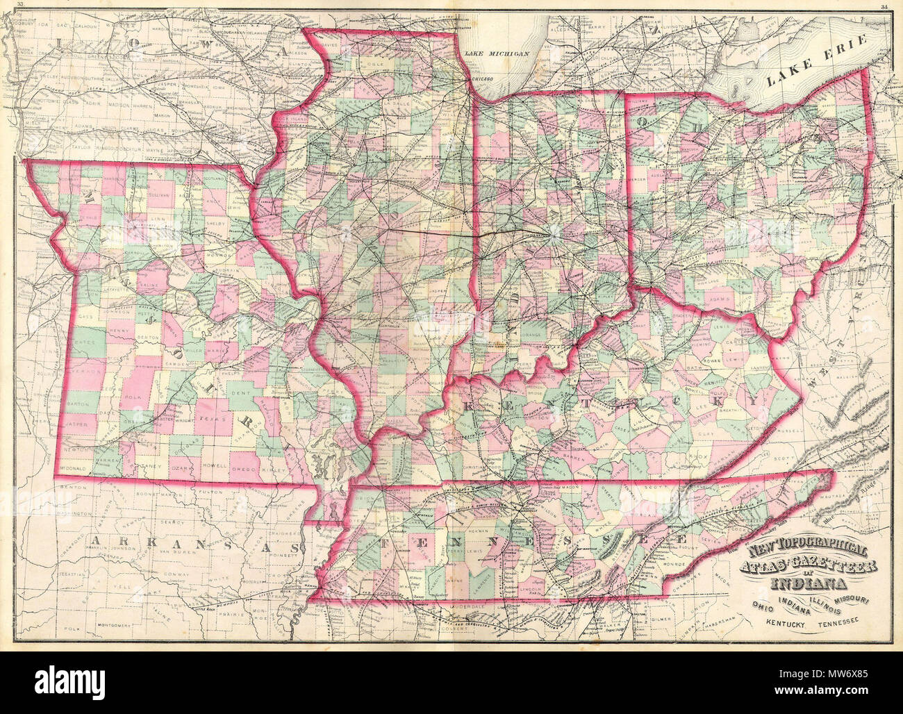 . Neuen Topographischen Atlas und Ortsverzeichnis von Indiana, Ohio, Indiana, Illinois, Missouri, Kentucky, Tennessee. Englisch: Dies ist eine 1874 Asher & Adams hand farbigen Karte des Mittelwestens und zentralen Bundesstaaten Ohio, Indiana, Illinois, Missouri, Kentucky und Tennessee. . 1873 10 1873 Asher Adams Karte durch den Mittleren Westen der USA (Ohio, Indiana, Illinois, Missouri, Kentucky) - Geographicus - INILOHMOKTTN-AA-1873 Stockfoto
