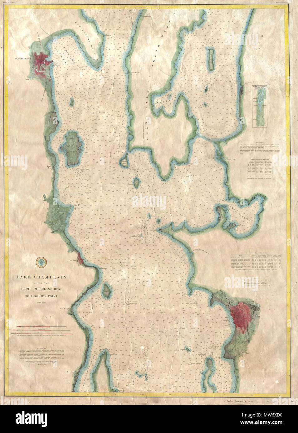 . Lake Champlain Blatt Nr. 2 von Cumberland Kopf Ligonier Punkt. Englisch: eine seltene Hand gefärbt 1874 Küsten Karte des nördlichen Teil des Lake Champlain von Cumberland Kopf Ligonier Punkt. Umfasst die Städte von Burlington, Vermont und Plattsburgh, New York. Die Karte verfügt über Segelanweisungen und Hunderte von tiefenmessungen im gesamten Gebäude. Im Gegensatz zu den meisten Karten herausgegeben von der U.S.C.S., diese Karte wurde nie in einem Buch gefaltet zu werden. Vielmehr handelt es sich um eine extrem seltene unabhängige Ausgabe für tatsächliche Nautische verwenden. Gesichert mit alten Bettwäsche. Unter der Leitung von H.D. Ogden veröffentlicht. . 1874 10 Stockfoto