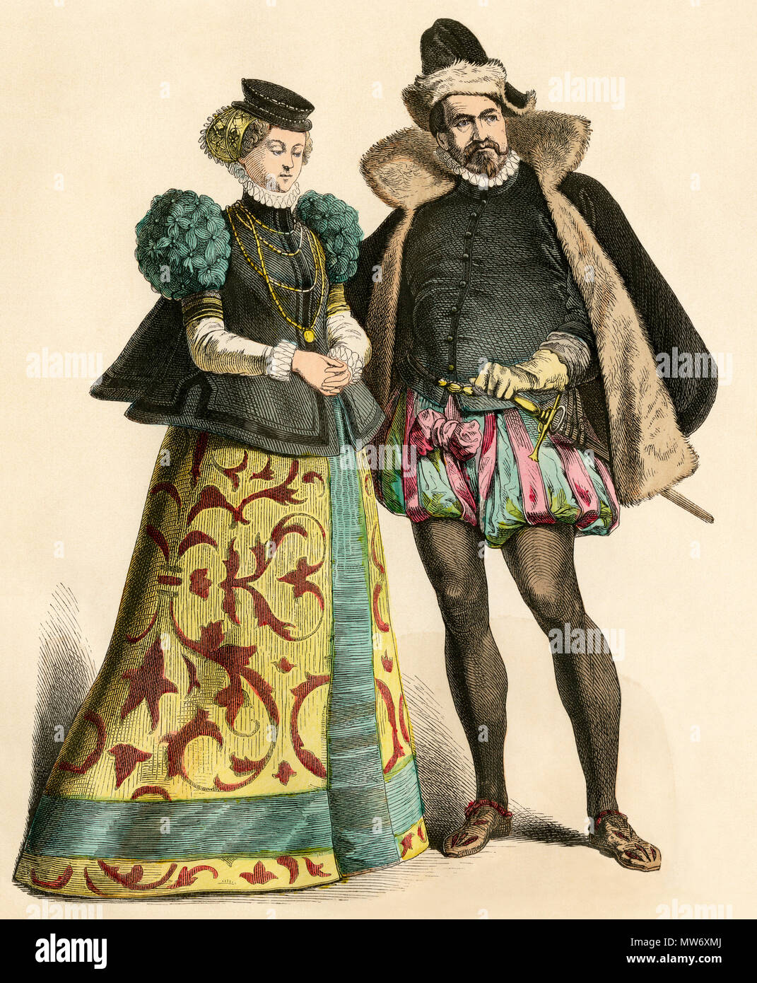 Deutsches Ehepaar des Adels, Ende 1500. Hand-farbig drucken Stockfoto