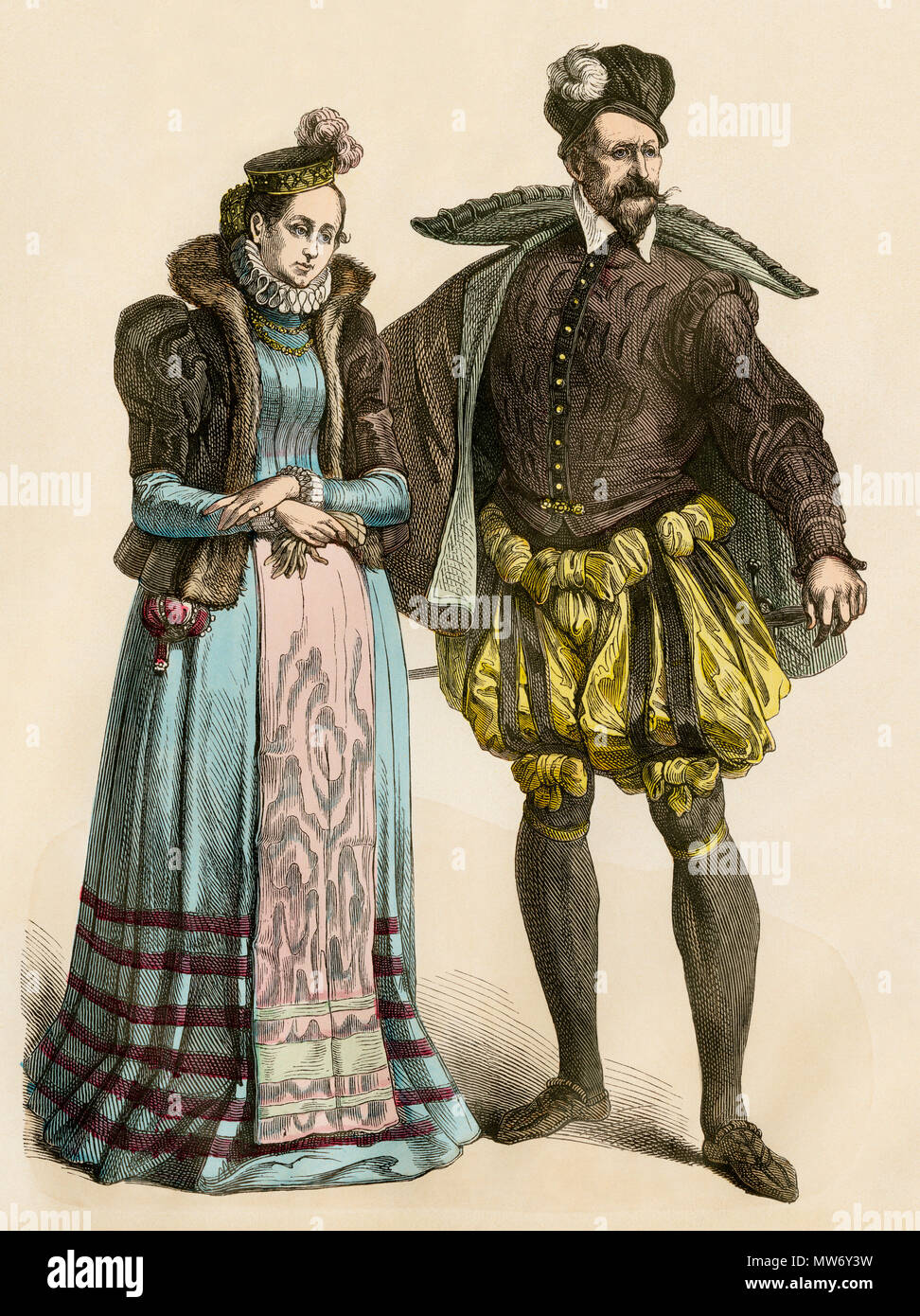 Französische Paar des Adels, Ende 1500. Hand-farbig drucken Stockfoto