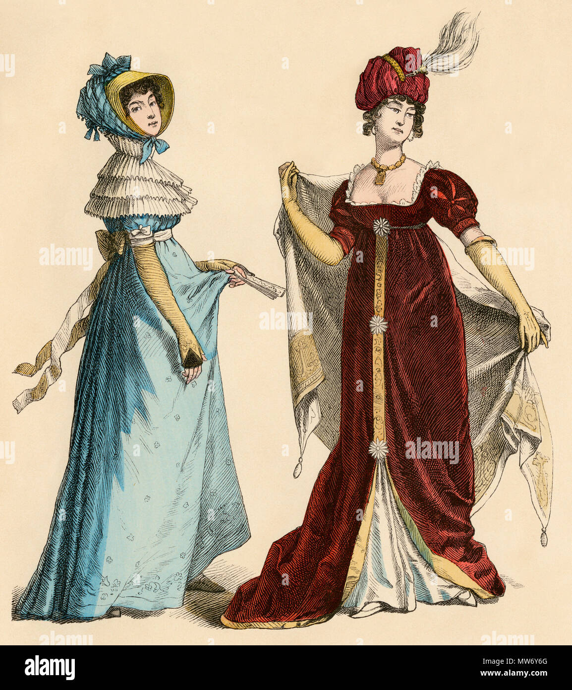 Modische europäischen Damen des frühen 19. Jahrhunderts. Hand-farbig drucken Stockfoto