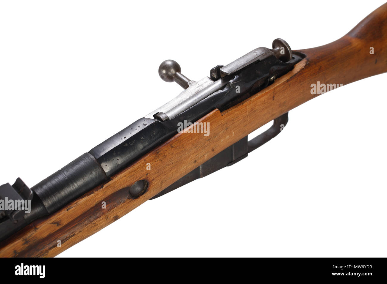 Russische ww1 Zeitraum Mosin-Nagant Gewehr isoliert auf weißem Stockfoto