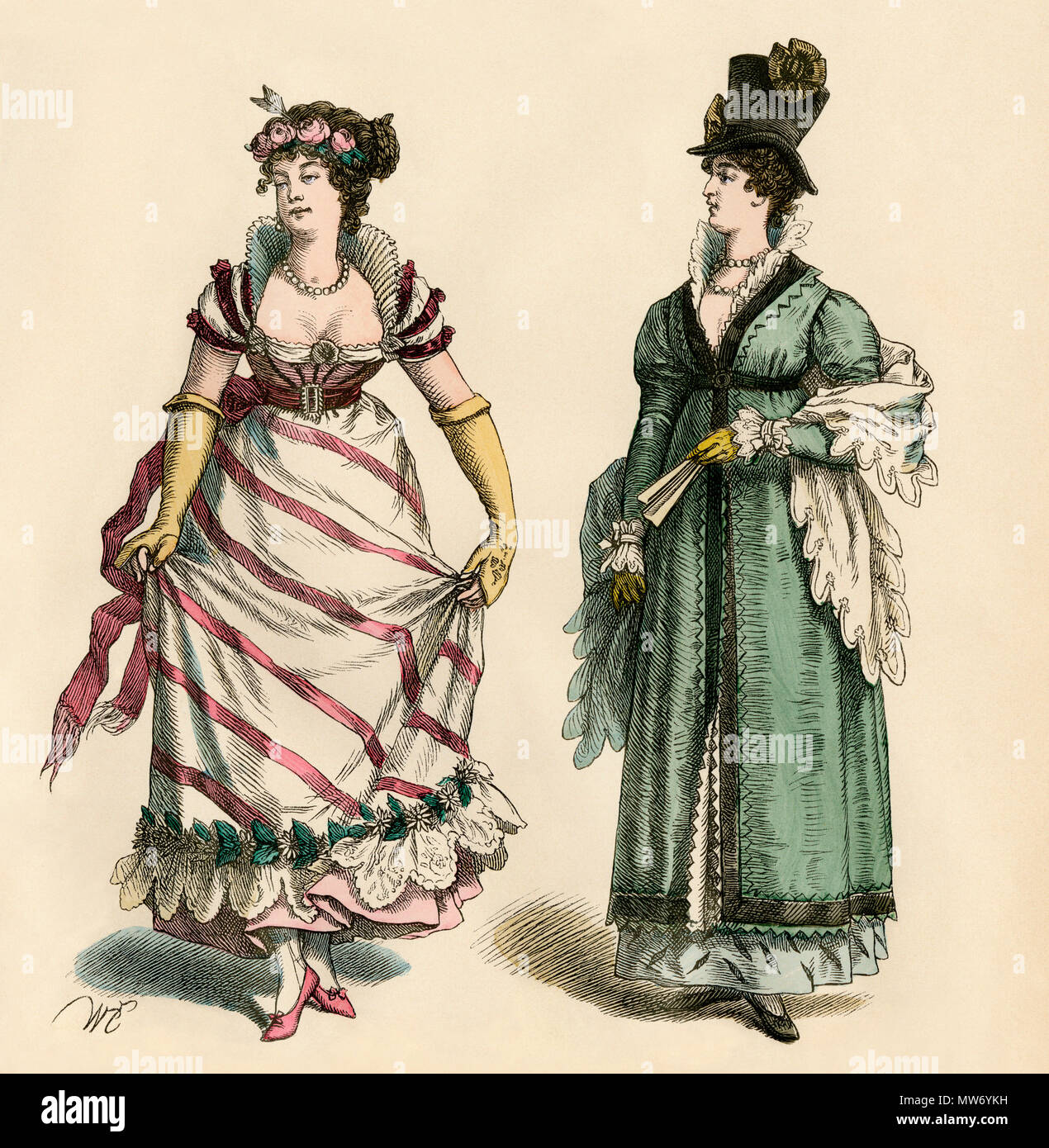 Dame in einem ballgown, 1805, und eine Dame mit Hut in der Straße Kleidung. Hand-farbig drucken Stockfoto