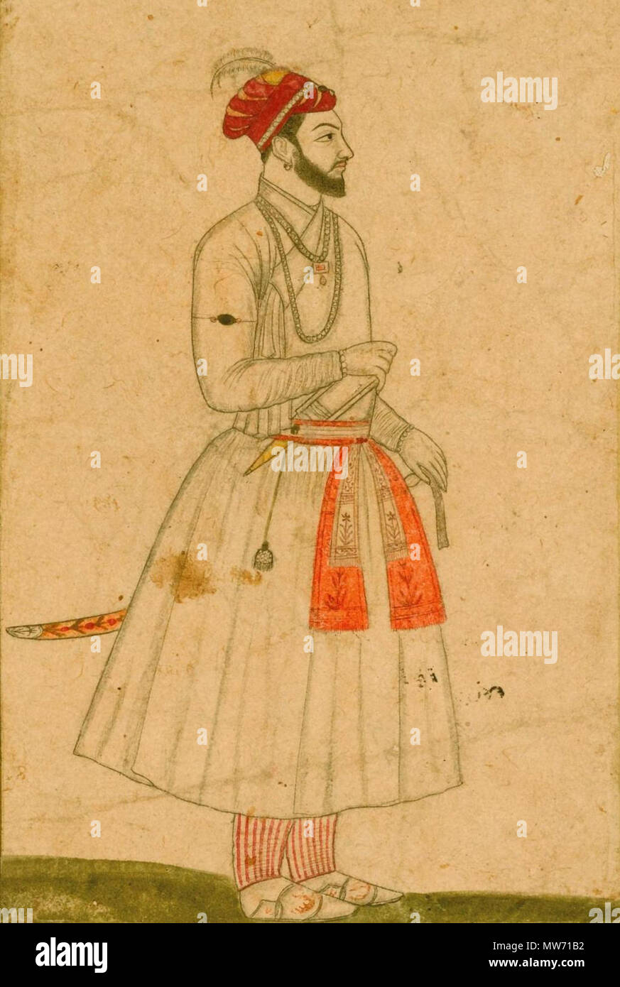. Englisch: ein Porträt des Prinzen kam Baksh, der Sohn Aurangzeb, Indien, Mughal, 18. Jahrhundert Schätzung: 500 - 800 GBP VIEL VERKAUFT. 2.750 GBP (Hammer Preis bei Käuferprovision) Tinte mit Verwendung von Farben auf Papier, auf dem Album Seite mit gold-Blau gesprenkelt Grenzen, in den unteren Rand und auf der Rückseite in Schwarz Tinte in nasta'liq Skript habihi Shahzadeh kam Bakhsh' Zeichnung bezeichnet: 18,6 10,4 cm. Blatt: 44,3 bis 28,6 cm. 18. Indien, Mughal, 21 ein Porträt des Prinzen kam Baksh, der Sohn Aurangzeb (7/8) Stockfoto