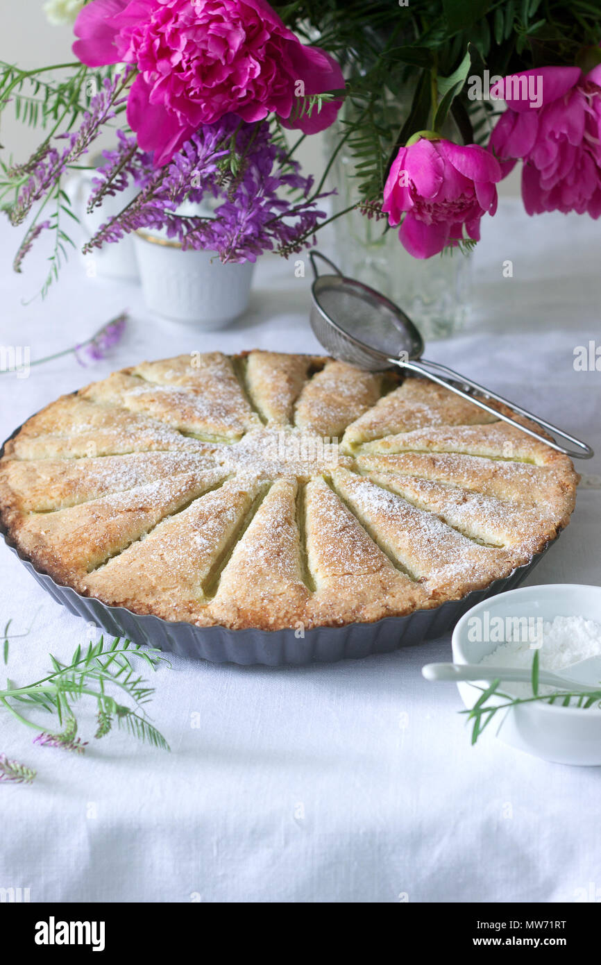 Eine große hausgemachte Kuchen mit Rhabarber Streifen in Zinn. Rustikaler Stil, selektiven Fokus. Stockfoto