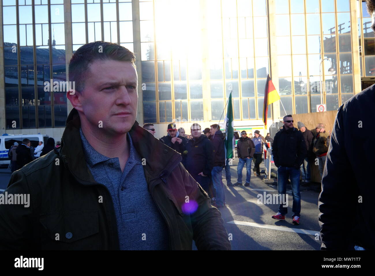 Tommy Robinson in Köln für eine Pegida März Stockfoto
