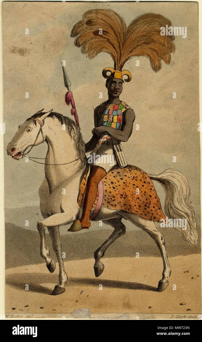 . Englisch: Afrikanische montiert Soldat, c 1820 farbige Aquatinta Publikation / Kreation: c 1820 Künstler und Mitwirkende: Hutton, W., fl. c 1821 (Künstler) Clark, I., fl. c 1824 (Künstler) Beschreibung: Physische Beschreibung: 1 Aquatinta, 16,5 x 10,4 cm. Abstract: Hand-col. aquatinta von I. Clark nach Hutton; montiert Abbildung in milit. Kostüm mit großen gefiederten Kopf - Kleid, Speer, Reiten nach links. Rufnummer: AfP 1820 SF-1 (braun Bitten.) Allgemeine Hinweise: Kleine aufrecht 8 vo, verfilzt. Die Margen stark getrimmt; leicht verschmutzt. Titel von Cataloger'. Sonstige Hinweise: Lon Stockfoto