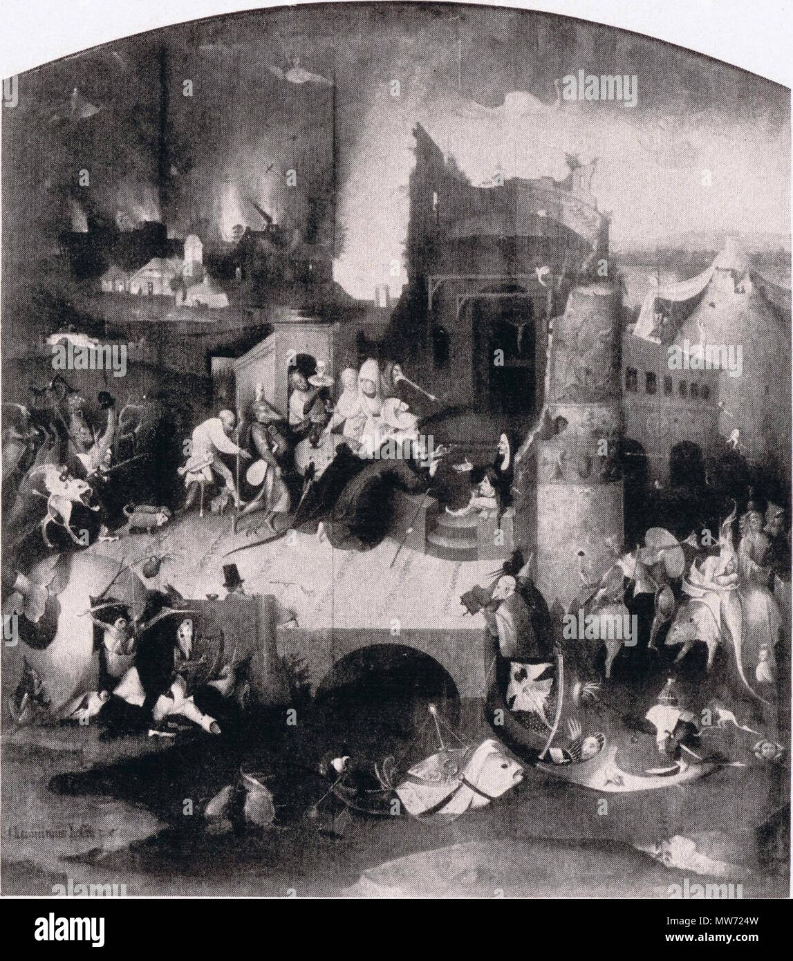 . Hieronymus Bosch. Die Versuchung des Heiligen Antonius. Brüssel, den Königlichen Museen der Schönen Künste von Belgien. Von der Universität Boston gedruckt, Serie D, Platte 51. Um 1910 (?). Unbekannt 29 nach Hieronymus Bosch 002 zentrale Panel 01. Stockfoto