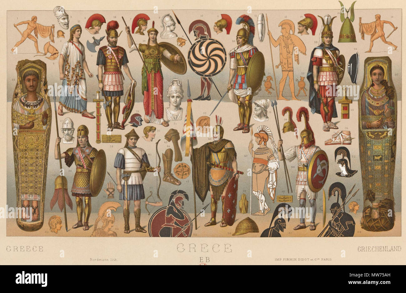 . Englisch: eine Lithographie Schild mit den alten griechischen Kriegern in einer Vielzahl von verschiedenen Kostümen. Durch Racinet, der Lebte 1825-1893. 1888. Racinet, Albert (1825-1893) 44 antike griechische Rüstung Stockfoto