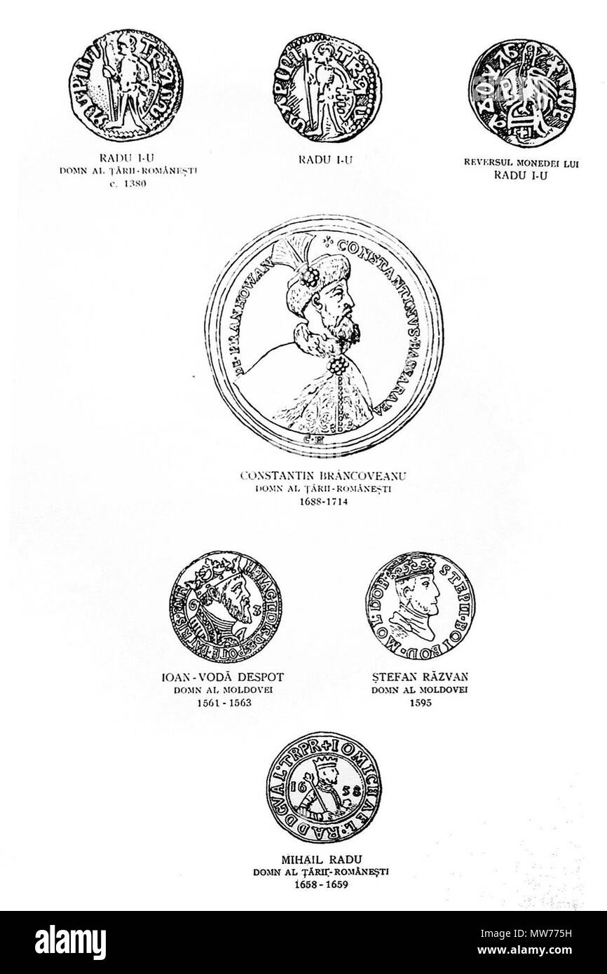 . Münzen von Radu ICH (Fürst der Walachei C. 1377 - C. 1383), Constantin Brâncoveanu (Fürst der Walachei 1688-1714), Ioan Iacob Heraclid (despoten von Moldau 1561-63), Ştefan Răzvan (woiwode von Moldawien April bis August 1595) und Mihnea III Radu (Fürst der Walachei 1658-1659). XIV-XVI Jahrhundert. Diese Datei fehlt, Informationen zum Autor. 2 063-Efigii Monetare Stockfoto