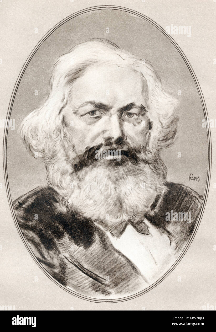 Karl Marx, 1818-1883. Deutsche Philosoph, Ökonom, Historiker, Politologe, Soziologe, Journalist und revolutionär-sozialistischen. Abbildung von Gordon Ross, US-amerikanischer Künstler und Illustrator (1873-1946), von lebenden Biographien berühmter Männer. Stockfoto