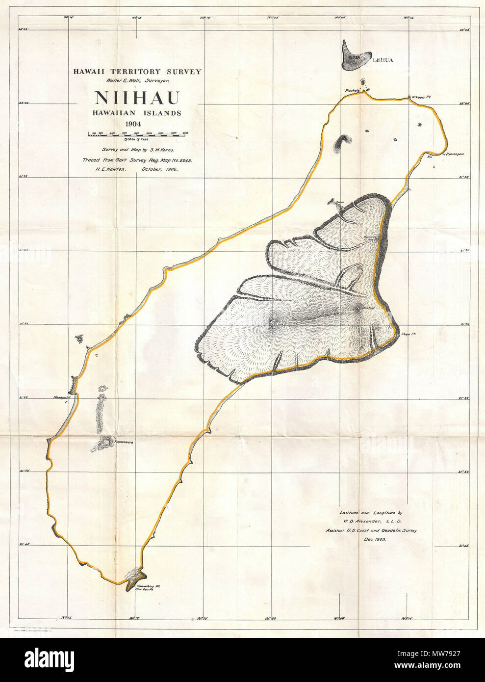 . Hawaii Gebiet Umfrage, Niihau Hawaii Inseln, 1904. Englisch: Diese seltene und außergewöhnliche 1904 Karte der Insel Niihau wurde für das Jahr 1906 Bericht des Gouverneurs des Gebietes von Hawaii zu den Staatssekretär des Innern vorbereitet. Der Bericht war ein Versuch zu bewerten und die neu geschaffenen Möglichkeiten der hawaiischen Gebiet für eine ordnungsgemässe Verwaltung und Entwicklung untersuchen. Zeigt die Inseln topographische Details. Vorbereitet H. E. Newton von einer Umfrage ursprünglich gezeichnet von S. M. Kerns. . 1906 (1998) 12 1904 Land Office Karte von Niihau, Hawaii - Geographicus - niihau-lo-1904 Stockfoto