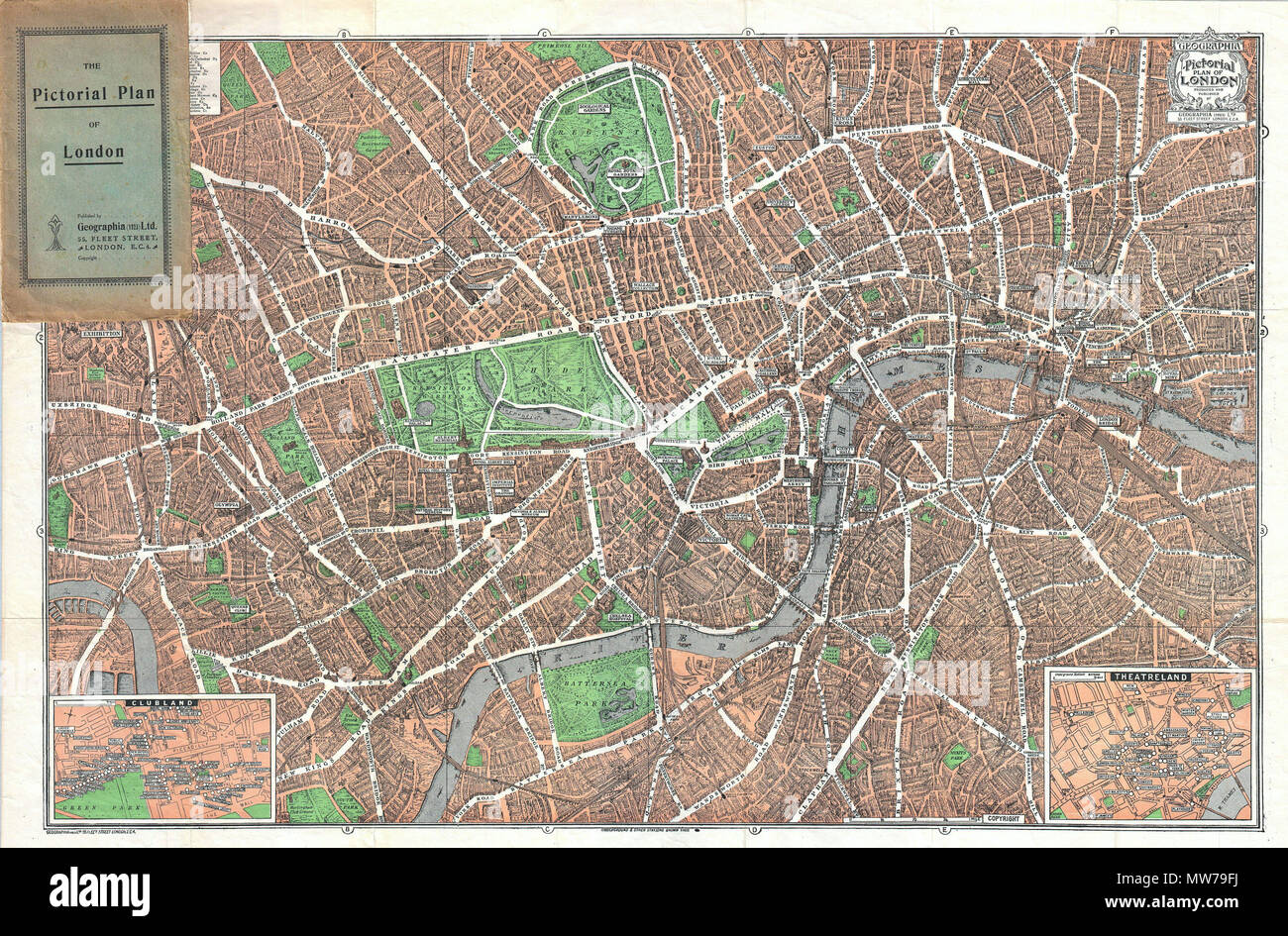 . Die bildhafte Plan von London. Englisch: Dies ist eine wunderbare Karte von pocket Karte von London und 1923 von geographia Ltd. Die Innenstadt von London von der Hammersmith Bridge und Wermut scrubs ostwärts Vergangenheit Hyde Park und Buckingham Place in der Whitechapel Road und der Londoner Docks veröffentlicht. Viele der Gebäude von London in drei Dimensionen. Einsätze in der unteren rechten und linken unteren zeigen Theatre Land und Clubland, beziehungsweise. Beide Einsätze detail einzelne Betriebe, wie sie zu der Zeit einschließlich der Damen Automobilclub, dem Athenaeum, das Palace Theatre, das Nilpferd bestanden Stockfoto