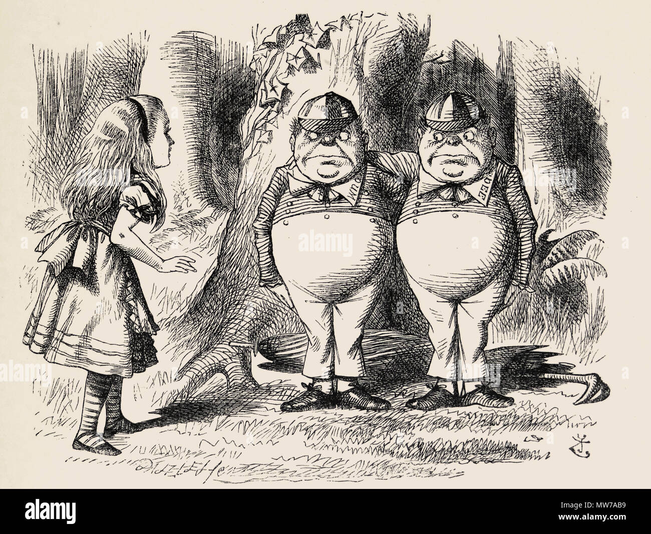 Tweedledum und Tweedledee. Kunst von John Tenniel für "Through the Looking Glass...' von Lewis Carroll (1872) Stockfoto