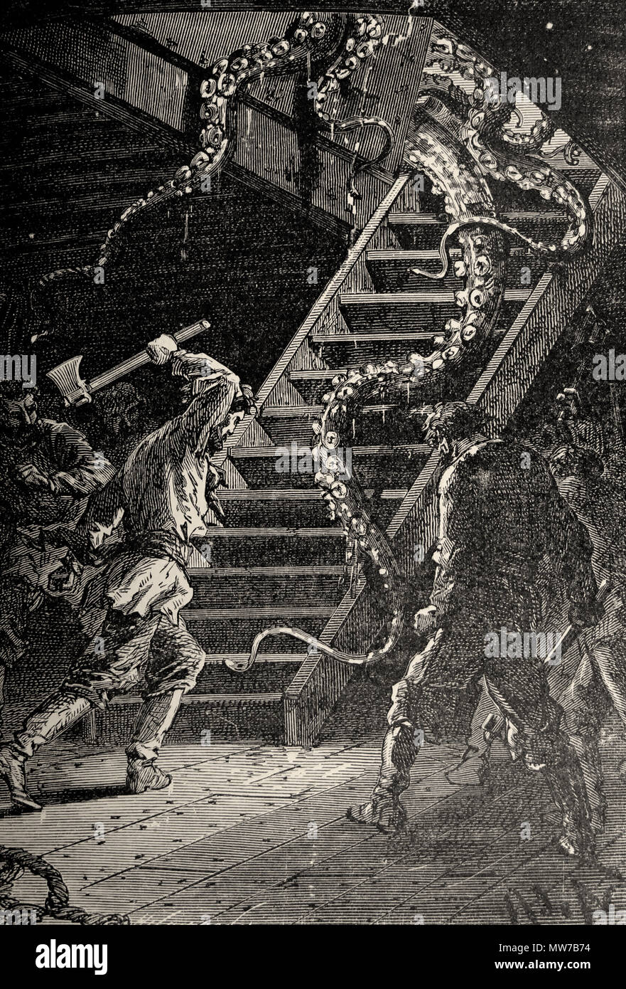 Kapitän Nemo schneiden diese gewaltige Tentakel. "Zwanzig tausend Meilen unter dem Meer" von Jules Verne (1873, 2. uns Ed.) Stockfoto