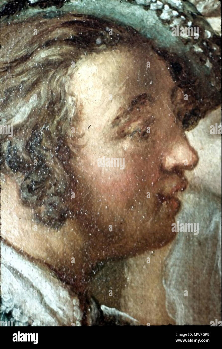 50 Antoine Pesne (1683 - 1757), Mitglieder der Oper Friedrichs des Großen im Park, Grafik im Stadtschloss Potsdam (Speisezimmer), Ausschnitt der Gitarrenspieler, Teilansicht Gesicht Stockfoto