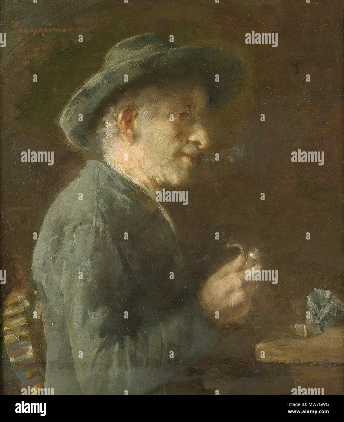 . Anton Laupheimer (1848-1927): "Der Pfeifenraucher. Öl auf Malpappe. 37 x 32,5 cm. Ihr Browser kann leider keine eingebetteten Frames anzeigen Links signiert. 19./20. Jahrhundert. Englisch: siehe Beschreibung Feld 51 Anton Laupheimer Der Pfeifenraucher Stockfoto