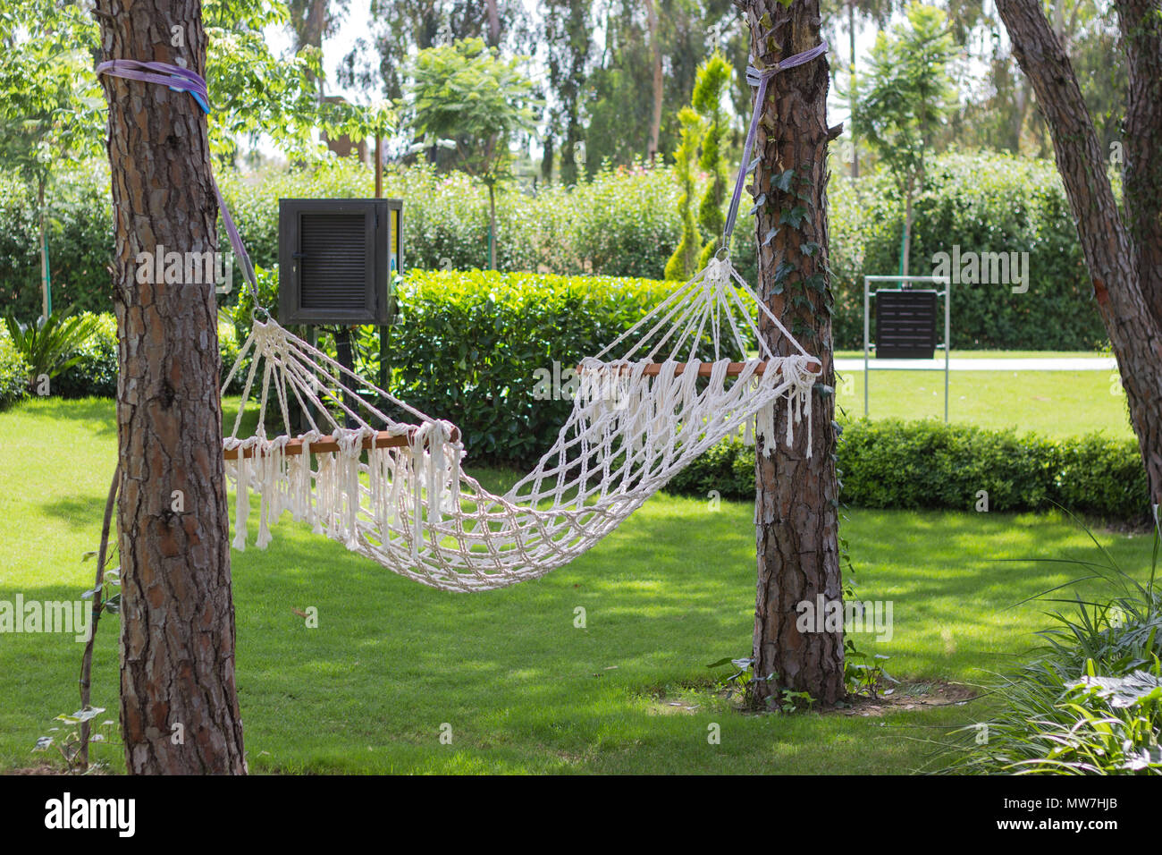Sommer Garten Und Hangematte Aufhangen Zwischen Baumen Stockfotografie Alamy