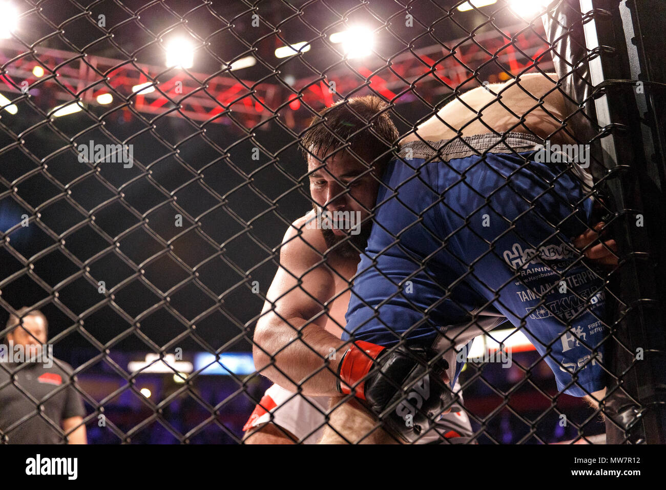 Mukhomad Vakhaev (close Links, Kamera) hält Tanner Boser gegen den Käfig am ACB 54 in Manchester, UK. Absolute Meisterschaft Berkut, Mixed Martial Arts, MMA kämpfen. Stockfoto