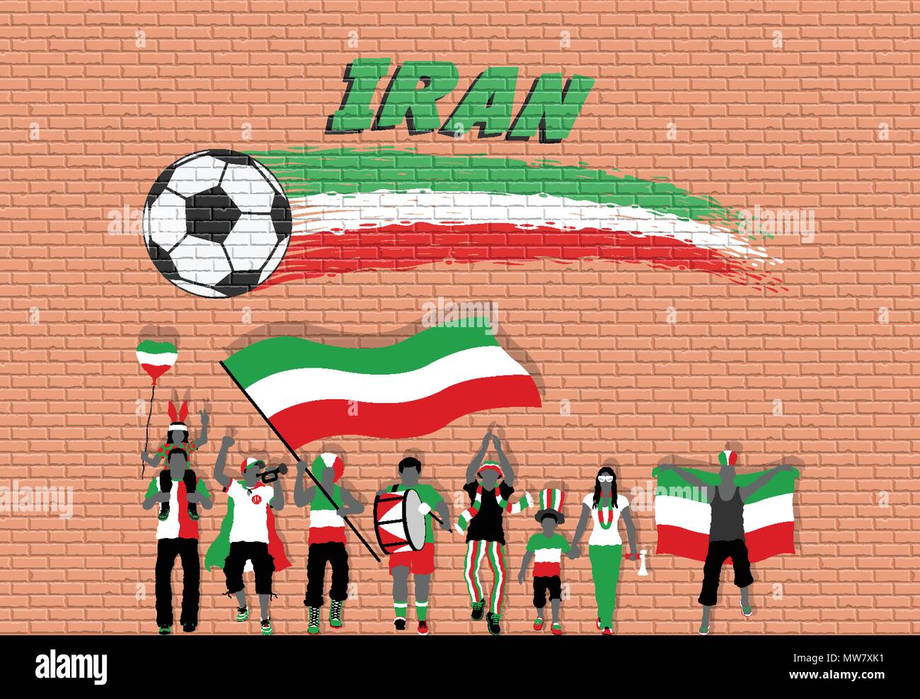 Iranische Fußball-Fans mit dem Iran Flagge Farben vor Fußball Graffiti. Alle Objekte werden in verschiedenen Schichten und der Text ist n Stock Vektor