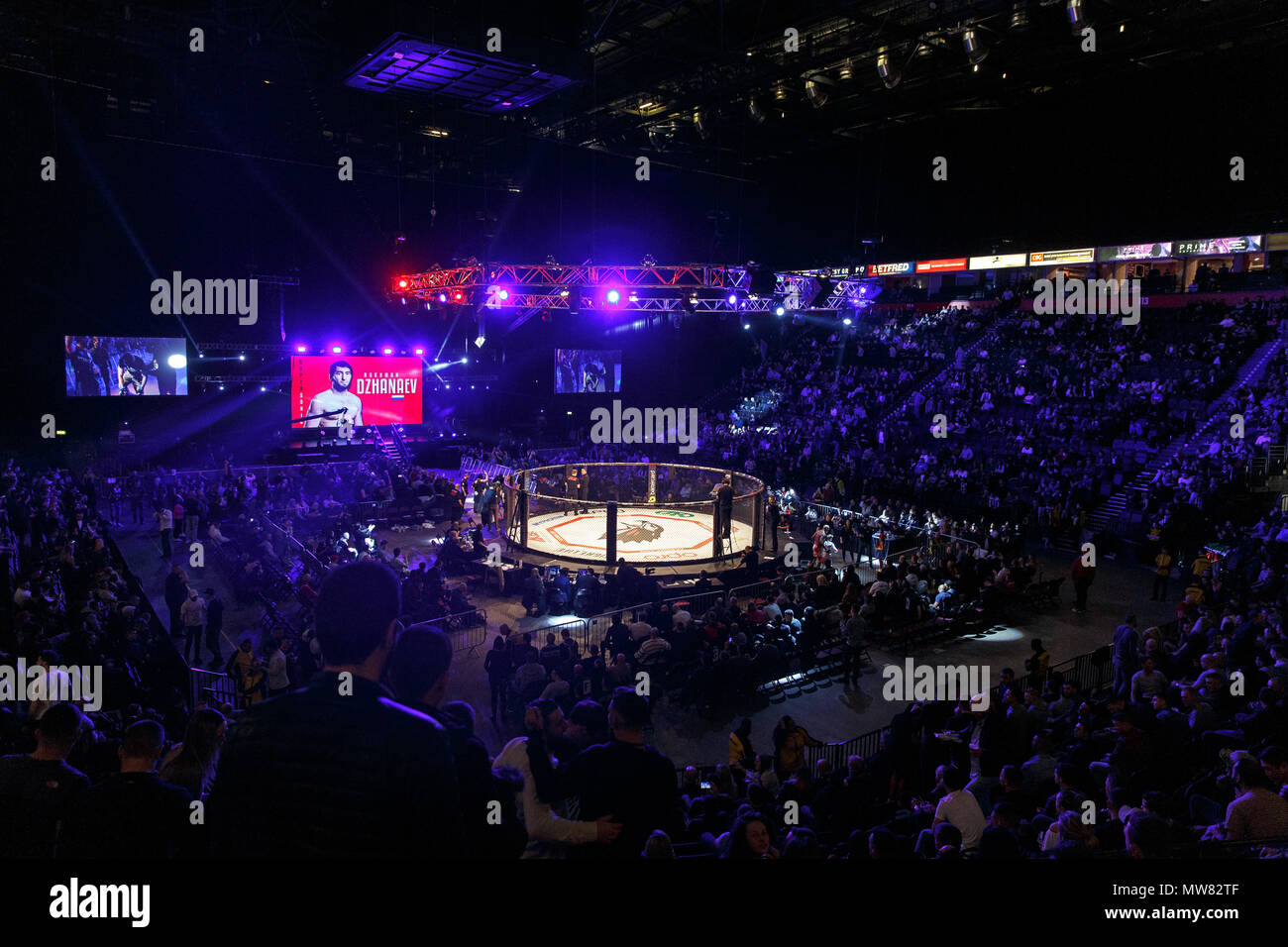 Das Innere der Manchester Arena im Jahr 2017 während eines Mixed Martial Arts (MMA) statt, die von der Russischen Förderung absolute Meisterschaft Berkut. Stockfoto