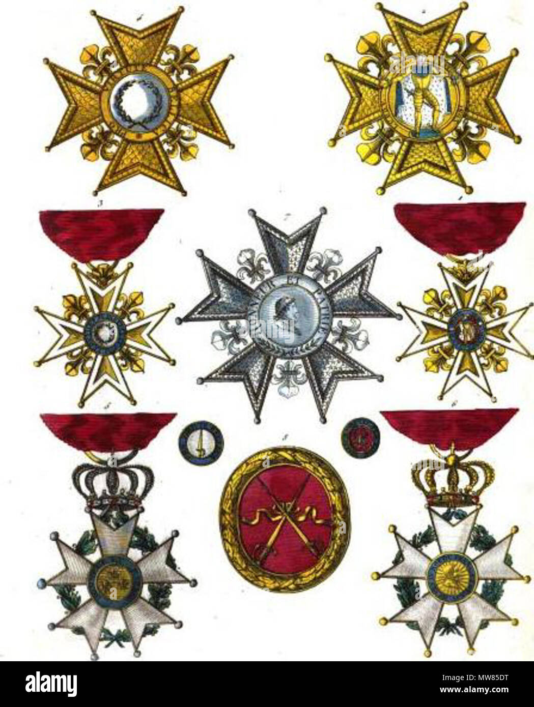 . Français: Sammlung historique des ordres de chevalerie civils et militaires... Englisch: Sammlung historischer Ritterorden zivile und militärische...: 1. Bestellung von Saint Louis, Abzeichen (Frankreich) 2. Bestellung von Saint Louis, Stern (Frankreich) 3. Reihenfolge der militärischen Verdienste, Abzeichen (Frankreich) 4. Reihenfolge der militärischen Verdienste, Stern (Frankreich) 5. Orden der Ehrenlegion, Abzeichen Vorderseite (Frankreich) 6. Orden der Ehrenlegion, Abzeichen rückwärts (Frankreich) 7. Orden der Ehrenlegion, Star (Frankreich) 8. - - - - - - -. 1820 56 Aristide Michel Perrot - Sammlung historique des ordres de chevalerie civils et militair Stockfoto