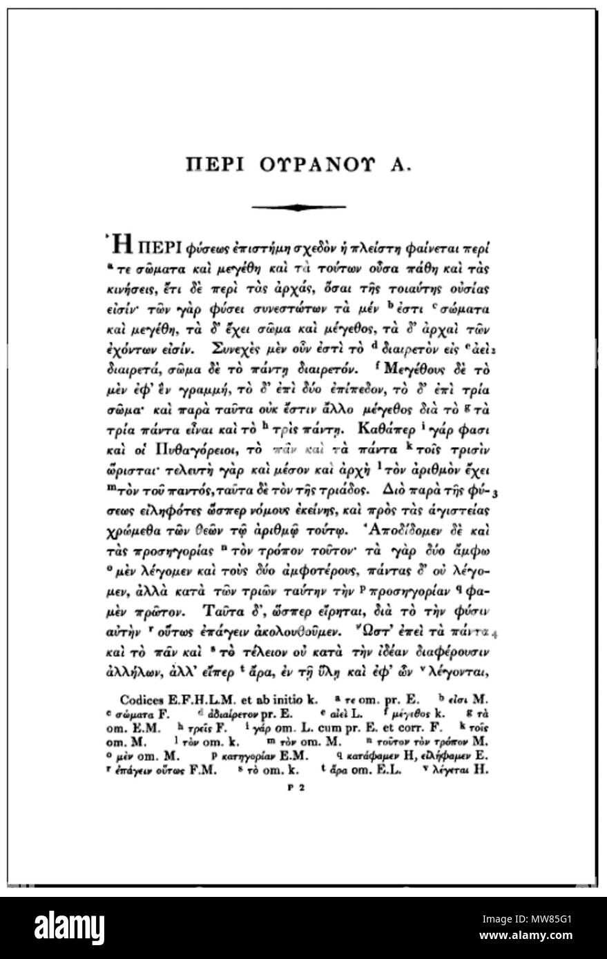 . Aristoteles: Auf den Himmel, erste Seite in Immanuel Bekker's Edition, 1837. 1837. Diese Datei fehlt, Informationen zum Autor. 56 Aristoteles De Caelo Seite 1 Stockfoto