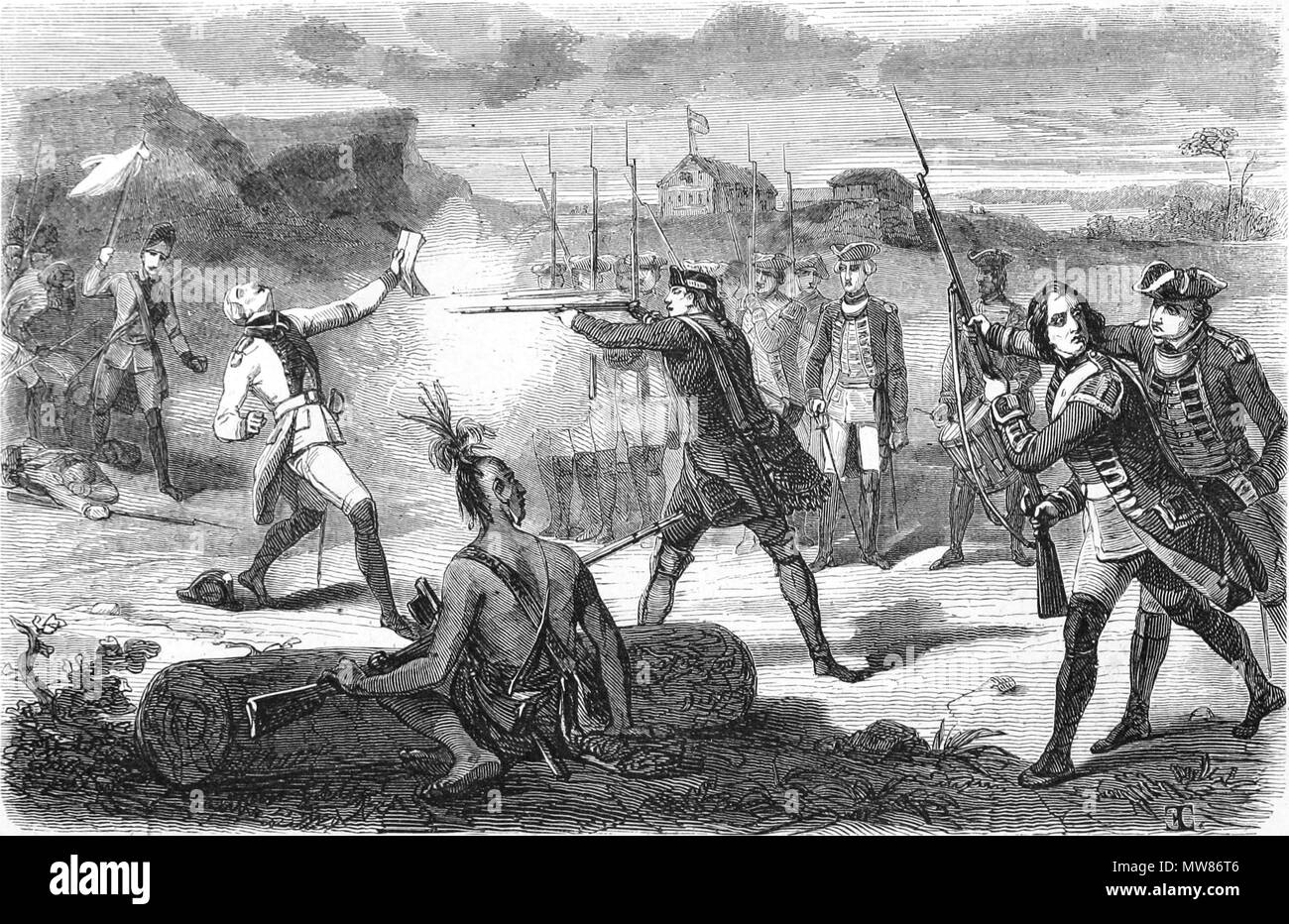 . Englisch: In diesem artist Version des Vorfalls bei Jumonville Glen, die Englische unter dem Kommando von George Washington als Ermordung die wehrlose Französische commander Jumonville in kaltem Blut dargestellt. Zeitgenössischen Darstellungen des Vorfalls sind widersprüchlich; es ist wahrscheinlicher, dass Jumonville war in der Tat von der indischen Führer tomahawked Tanaghrisson während Washington ohne Eingriff beobachtet. 18 August 2010, 22:29 (UTC). Assassinat de Jumonville.png: unbekannte Illustrator abgeleitete Arbeit: saibo (Δ) 60 Assassinat de Jumonville-2 Stockfoto