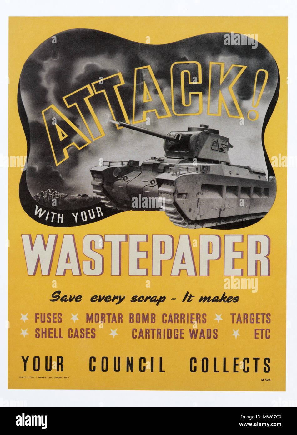 Ein zweiter Weltkrieg Werbeplakate der Bergung, und Recycling von Altpapier - mit ihrem Altpapier Angriff Stockfoto