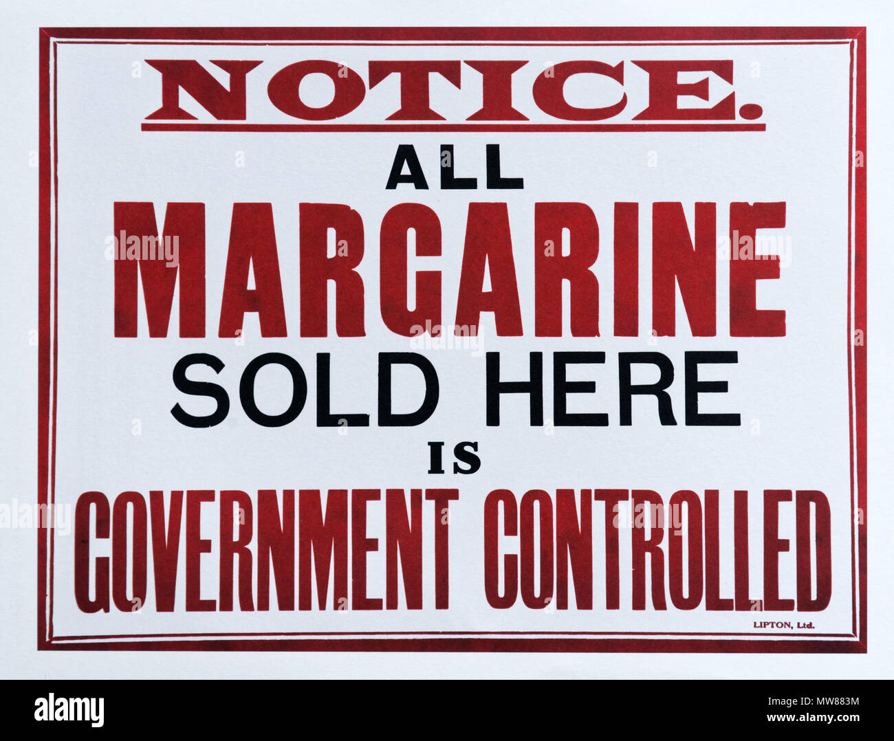 Eine britische Ersten Weltkrieg Plakat, dass Margarine ist Regierung kontrolliert Stockfoto