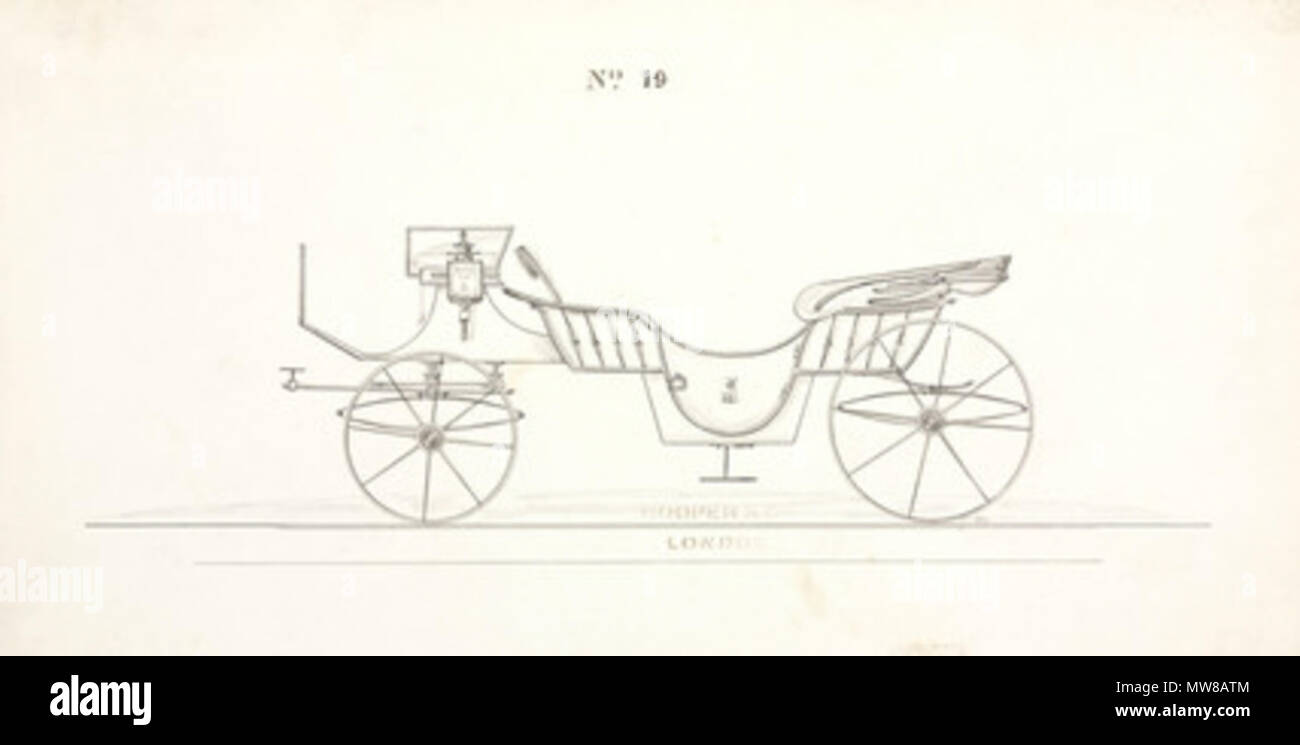 . Zeichnung eines Design für ein pferdefuhrwerk barouche vom Coachbuilder Hooper & Co. Die Firma produziert 1807 im Haymarket, London gegründet wurde, waren ihre ersten königlichen Patronat im Jahr 1830 ausgezeichnet und gewann einen Ruf für unübertroffene Qualität und Handwerkskunst. Im 20. Jahrhundert, sie eingeschaltet zu Gebäude Karosserien für Kraftfahrzeuge, und sind wahrscheinlich am besten für ihre Kooperationsmaßnahmen mit Rolls-Royce Ltd bekannt. vor 1900. Tagesplan 72 Barouche, 1850-1900 Stockfoto