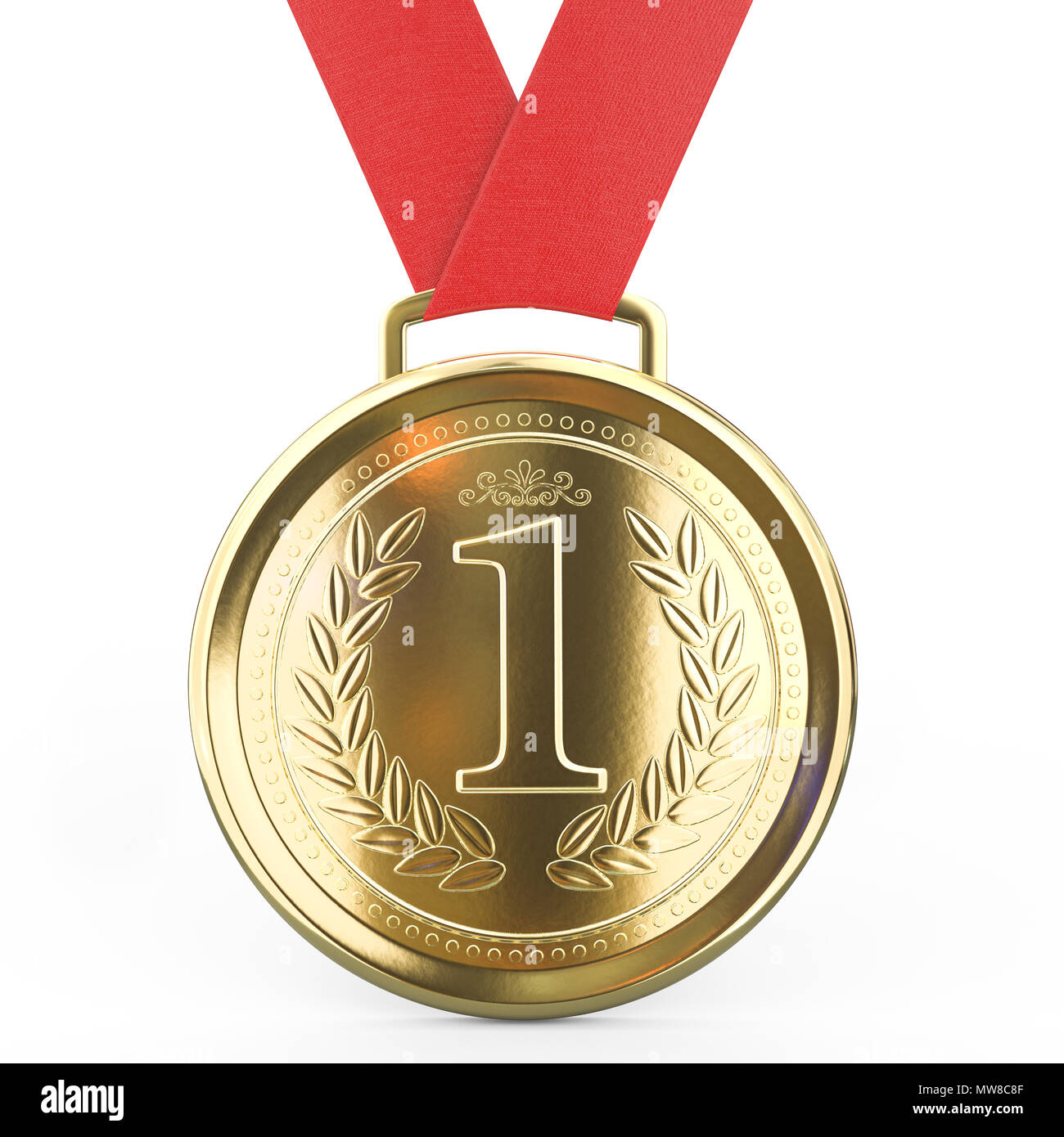 Den ersten Platz Goldmedaille mit roter Schleife auf weißem Hintergrund - 3D-Rendering Stockfoto