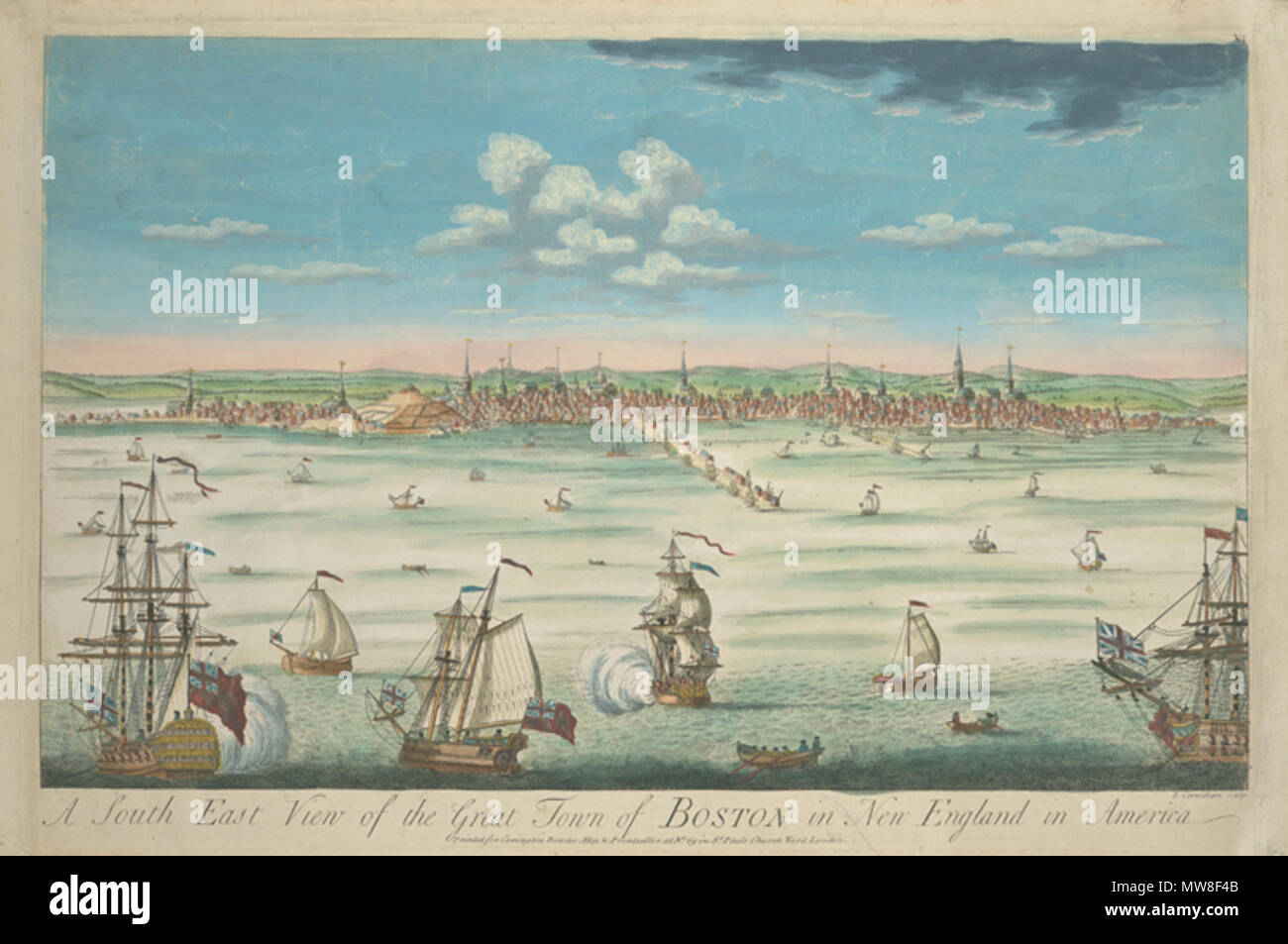 . Bild Titel: ein Süd-ost Blick auf die große Stadt von Boston in Neuengland in den USA. Schöpfer: Carwitham, J. (John), Fl. 1723-1741 -- Stecher. Zusätzliche Name(n): Burgis, William, fl. 1716-1731 -- Künstler. Bowles, Carington, 1724-1793 - Verlag. Dargestellt Datum: [1731-1736?]] Medium: Gravuren - - von Hand gefärbt. Bestimmtes Material Typ: Druckt. Los Physische Beschreibung drucken: 1 (2.?); 29,8 x 45 cm. Hinweise: offenbar auf der Grundlage von 1723 Gravur von William Burgis. Quelle: I.N. Phelps Stokes Sammlung amerikanischer historische Drucke. 1730 s. Carwitham 93 Boston 1730 s byCarwitham handkoloriert B Stockfoto