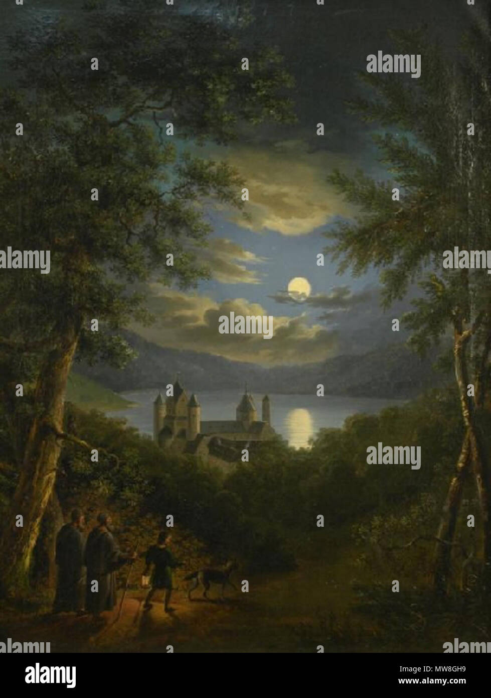 . Deutsch: Das Kloster Maria Laach bei Vollmond, im Vordergrund zwei von einem juengling mit Laterne begleitete Geistliche Polski: Klasztor Maria Lach przy pełni księżyca, na pierwszym Planie dwaj księża w towarzystwie młodzieńca z latarnią. 19. Christian Breslauer 1802-1882 97 Breslauer Das-Kloster-maria-laach-bei-Vollmond im Vordergrund-zwei-von-einem-juengling-mit-Laterne - begleitete - geistliche Stockfoto