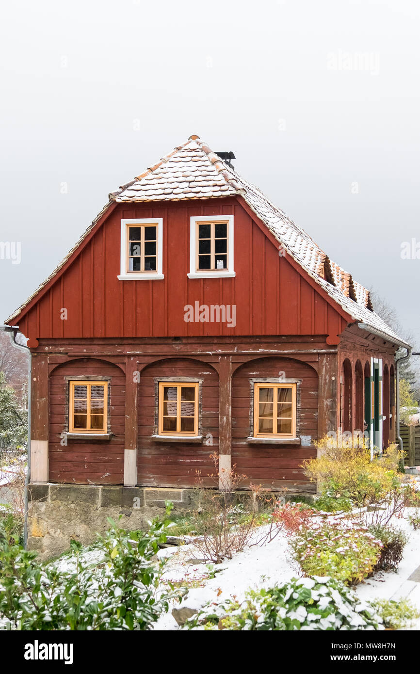 Historische Umgebindehäuser in Waltersdorf Zittauer Gebirge Stockfoto