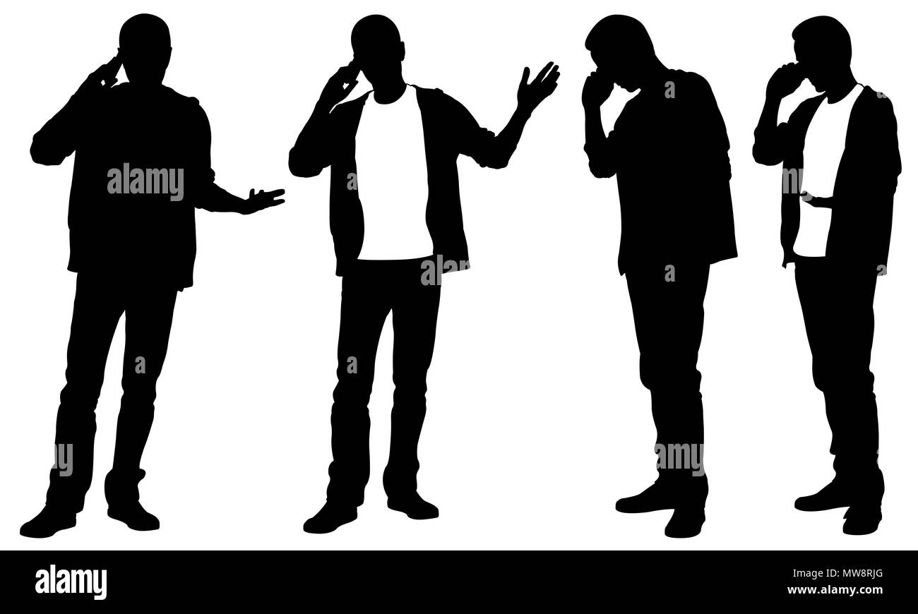 Silhouetten von Männern am Telefon zu sprechen isoliert auf weißem Stockfoto