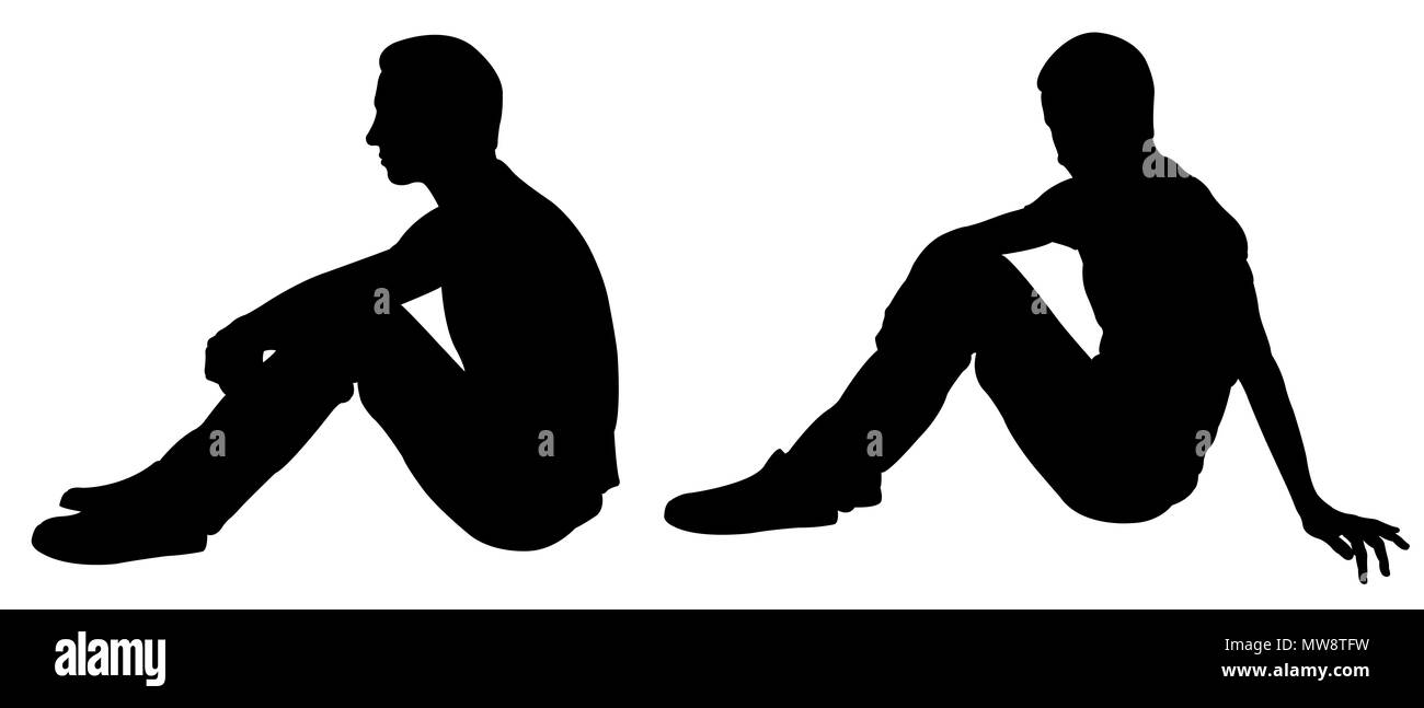 Silhouetten von Menschen sitzen Pose auf Weiß isoliert Stockfoto