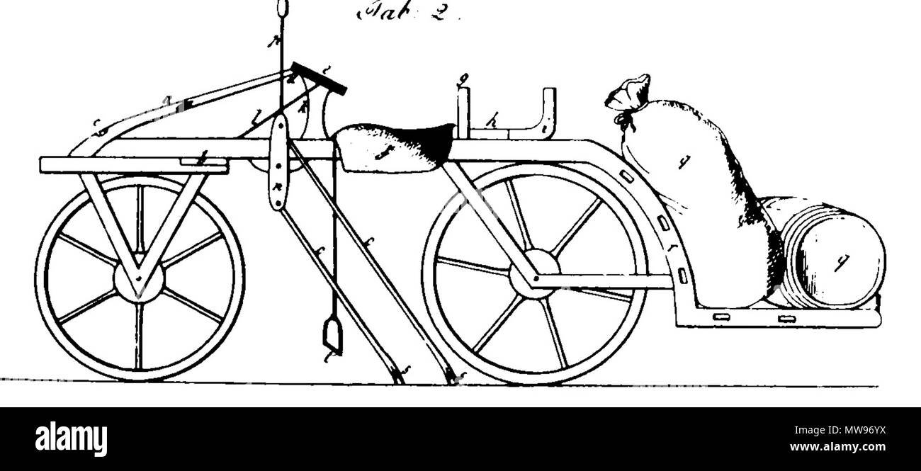 . Englisch: Dreirädrige Velocipede von Johann Carl Siegesmund Bauer, Nürnberg 1817 English: Dreirädriges Velociped mit Jungnickelschem Hebelantrieb von Johann Carl Siegesmund Bauer, Nürnberg 1817. 1817. JCS Bauer 76 BauerDreirad 1817 Stockfoto