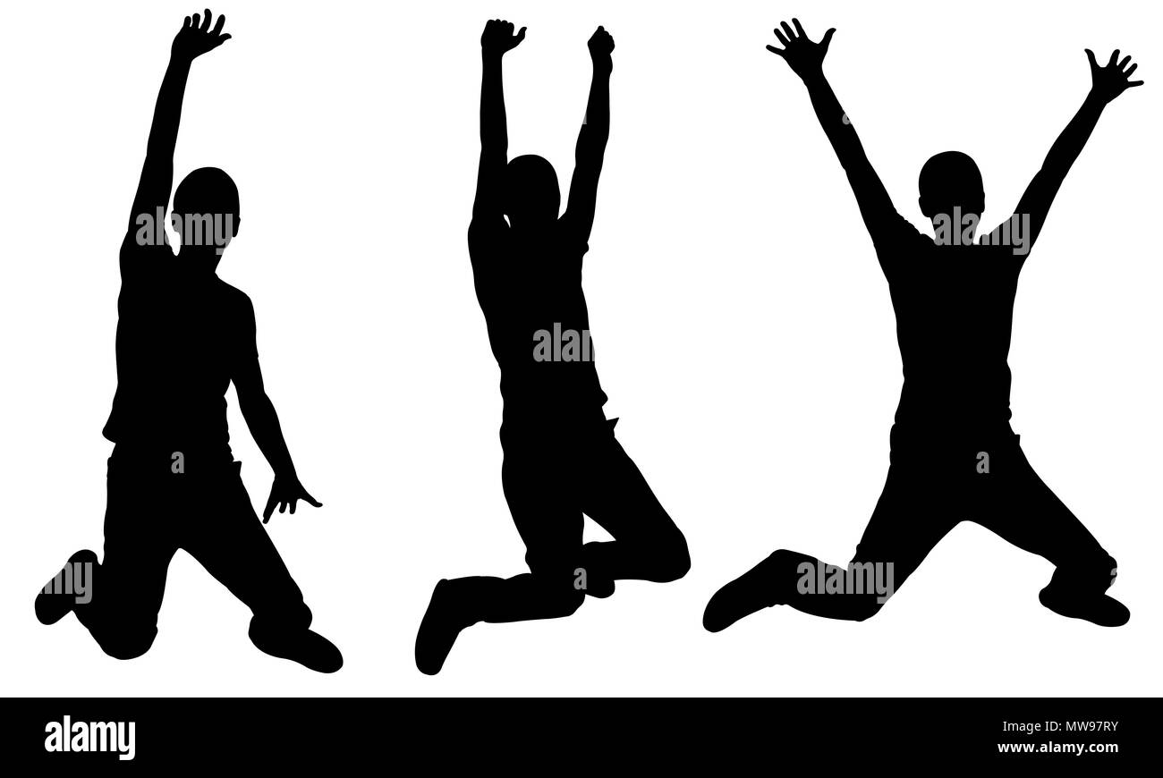 Silhouetten, die isoliert auf weißem springen Stockfoto